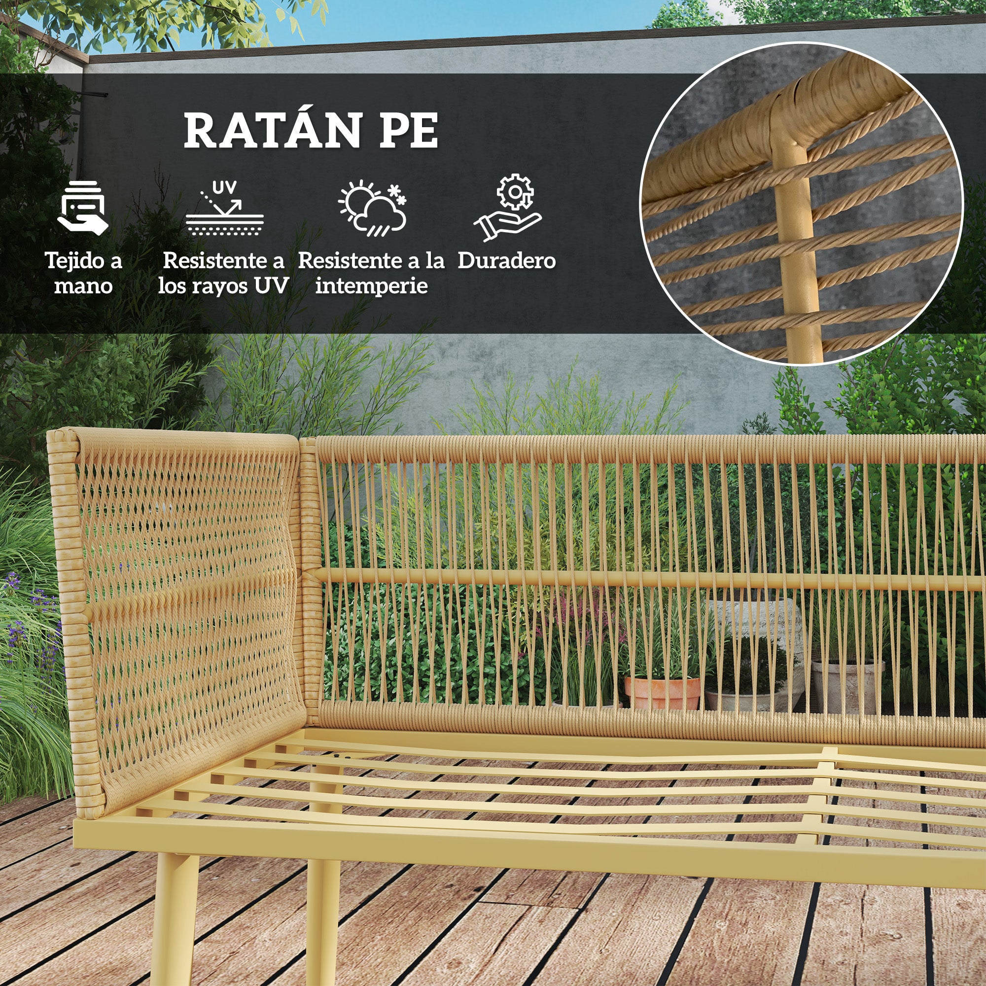 4-Piece Outdoor Synthetic Rattan Garden Set Garden Furniture Corner Sofa Includes 2 Two-seater Sofas 1 Footstool 1 Coffee Table with Natural Cushions