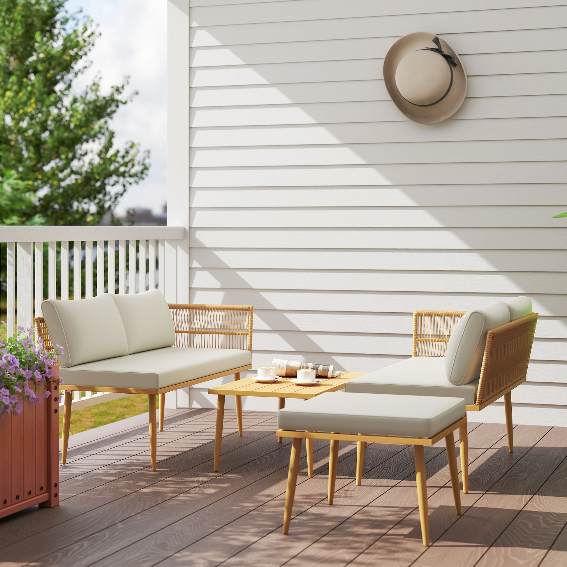 4-Piece Outdoor Synthetic Rattan Garden Set Garden Furniture Corner Sofa Includes 2 Two-seater Sofas 1 Footstool 1 Coffee Table with Natural Cushions