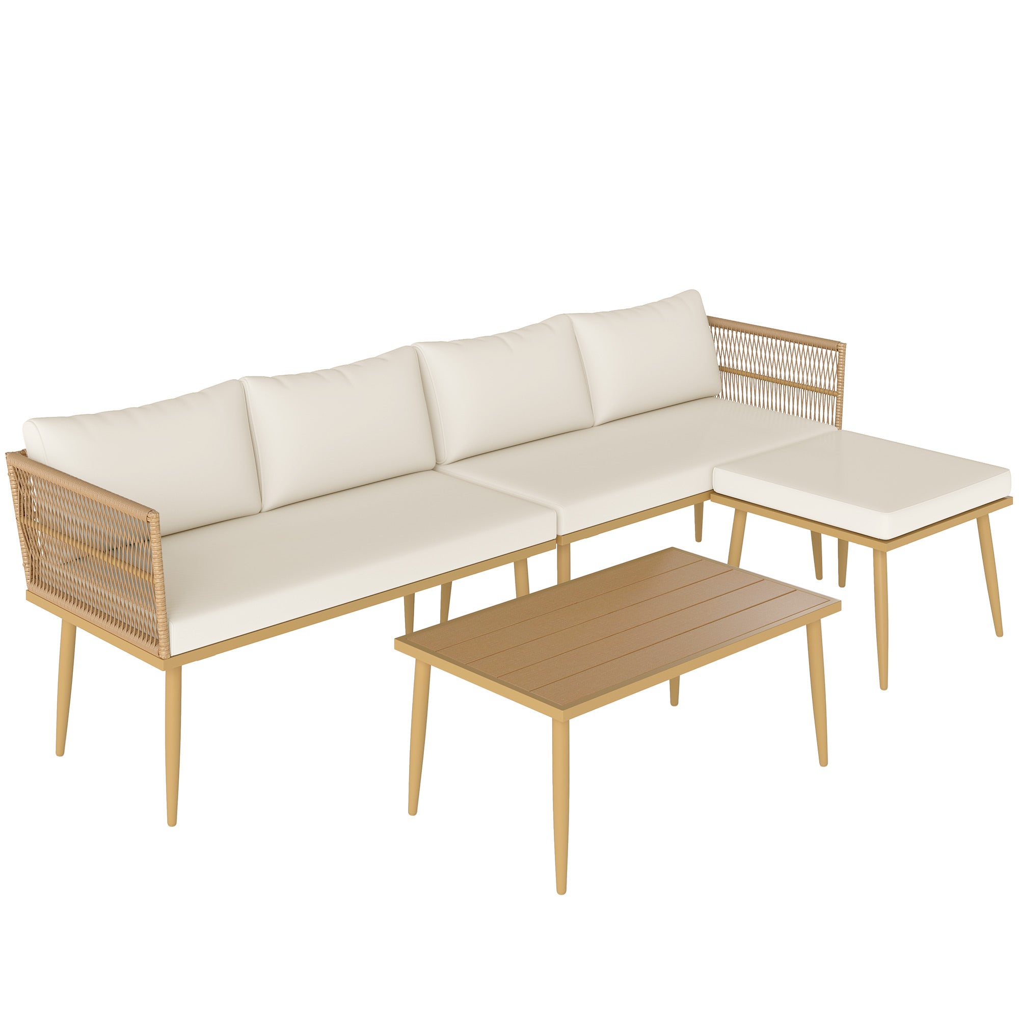 4-Piece Outdoor Synthetic Rattan Garden Set Garden Furniture Corner Sofa Includes 2 Two-seater Sofas 1 Footstool 1 Coffee Table with Natural Cushions
