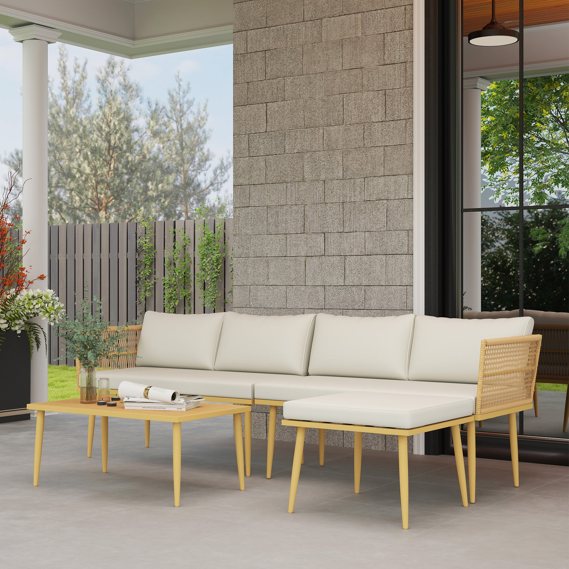 4-Piece Outdoor Synthetic Rattan Garden Set Garden Furniture Corner Sofa Includes 2 Two-seater Sofas 1 Footstool 1 Coffee Table with Natural Cushions