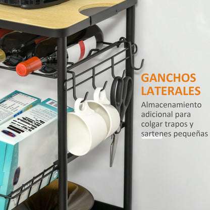 Kitchen Cart with Wheels Multi-Purpose Serving Cart with Bottle Holder Removable Basket Tray and 4 Hooks for Dining Room Living Room 60.5x35.5x75 cm Black and Oak