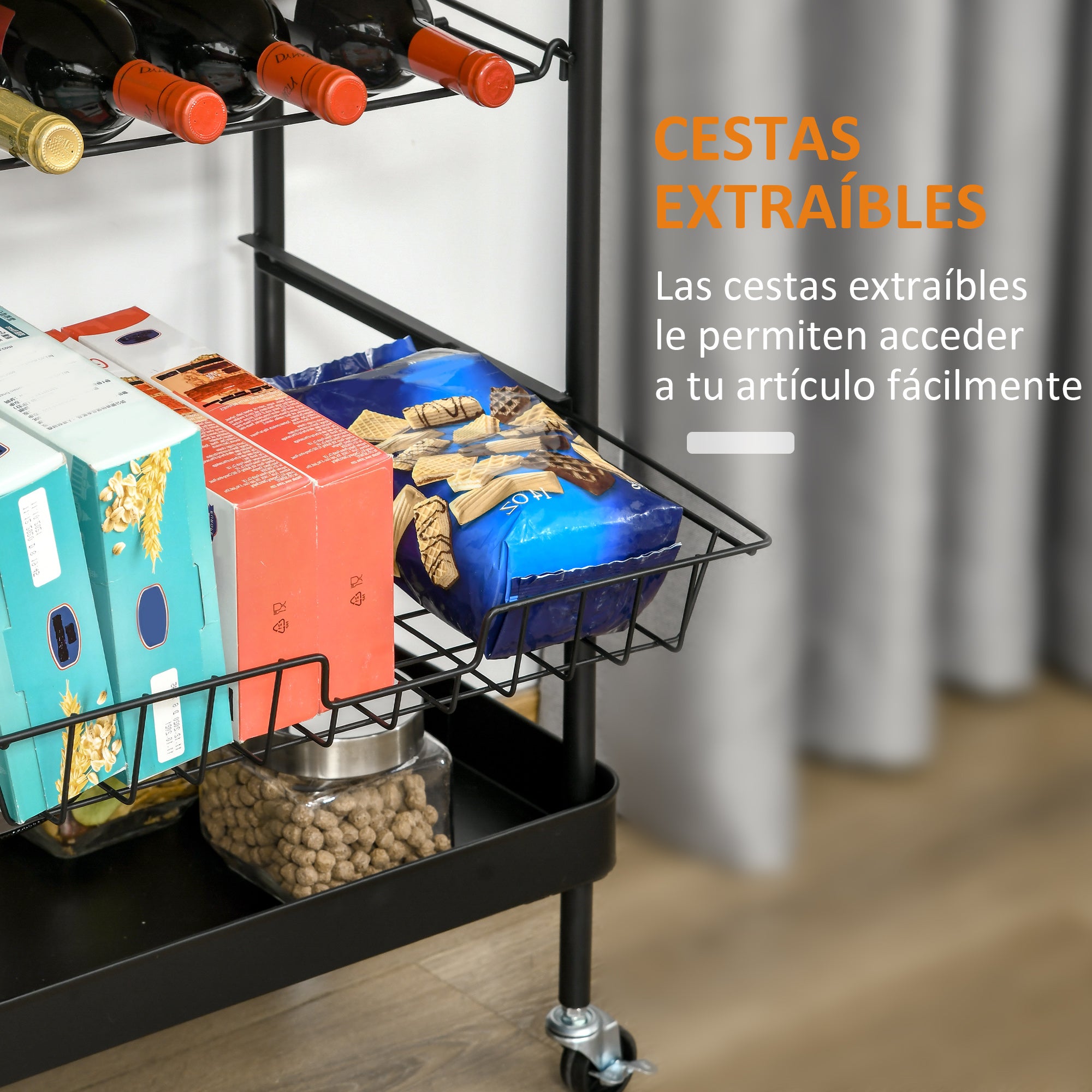 Kitchen Cart with Wheels Multi-Purpose Serving Cart with Bottle Holder Removable Basket Tray and 4 Hooks for Dining Room Living Room 60.5x35.5x75 cm Black and Oak
