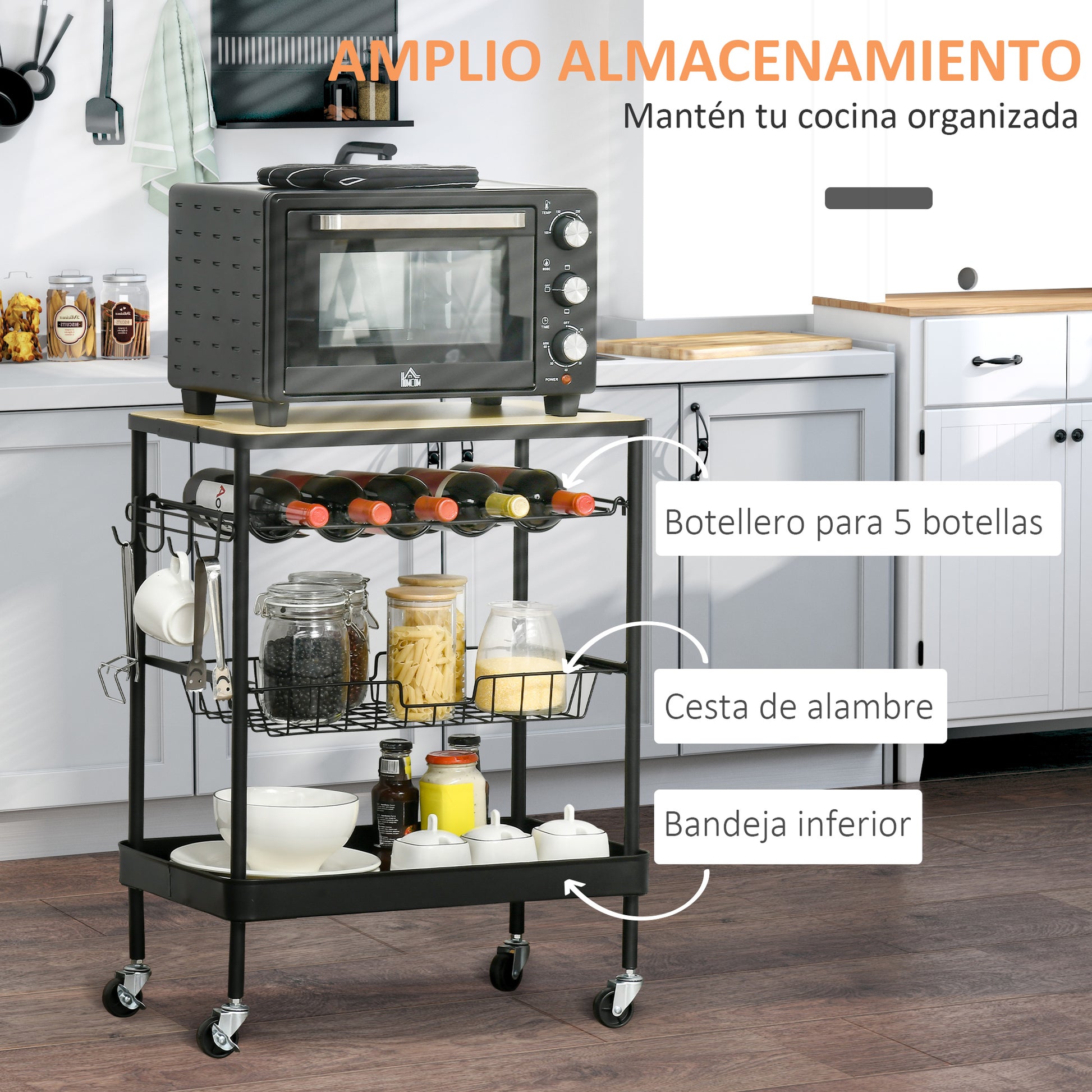 Kitchen Cart with Wheels Multi-Purpose Serving Cart with Bottle Holder Removable Basket Tray and 4 Hooks for Dining Room Living Room 60.5x35.5x75 cm Black and Oak