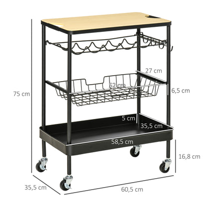 Kitchen Cart with Wheels Multi-Purpose Serving Cart with Bottle Holder Removable Basket Tray and 4 Hooks for Dining Room Living Room 60.5x35.5x75 cm Black and Oak