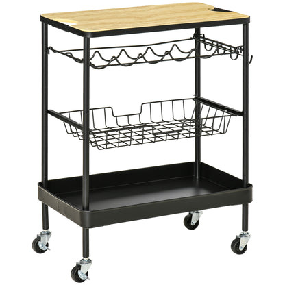 Kitchen Cart with Wheels Multi-Purpose Serving Cart with Bottle Holder Removable Basket Tray and 4 Hooks for Dining Room Living Room 60.5x35.5x75 cm Black and Oak