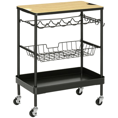 Kitchen Cart with Wheels Multi-Purpose Serving Cart with Bottle Holder Removable Basket Tray and 4 Hooks for Dining Room Living Room 60.5x35.5x75 cm Black and Oak