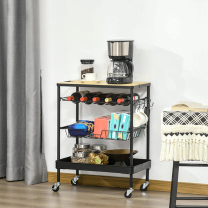 Kitchen Cart with Wheels Multi-Purpose Serving Cart with Bottle Holder Removable Basket Tray and 4 Hooks for Dining Room Living Room 60.5x35.5x75 cm Black and Oak