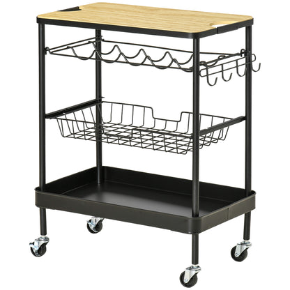 Kitchen Cart with Wheels Multi-Purpose Serving Cart with Bottle Holder Removable Basket Tray and 4 Hooks for Dining Room Living Room 60.5x35.5x75 cm Black and Oak