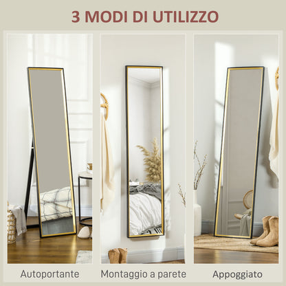 Full Length Floor Mirror with Rear Stand and MDF Glass Wall Mirror with Shatterproof Protective Film, 37x3x157 cm, Black and Gold