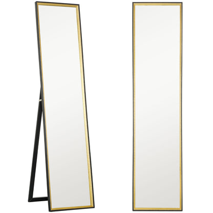 Full Length Floor Mirror with Rear Stand and MDF Glass Wall Mirror with Shatterproof Protective Film, 37x3x157 cm, Black and Gold