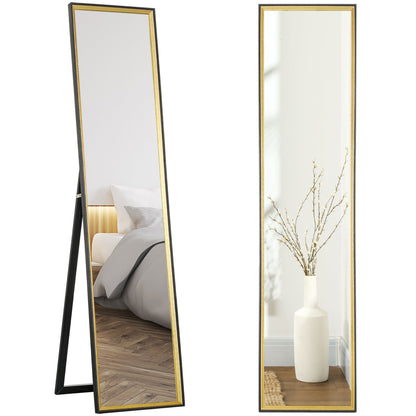 Full Length Floor Mirror with Rear Stand and MDF Glass Wall Mirror with Shatterproof Protective Film, 37x3x157 cm, Black and Gold