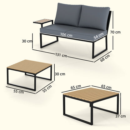 L-Shaped 4-Piece Outdoor Patio Sofa Set for 4 — Two 2-Seater Sectionals with Cushions & 2 Nesting Tables, Teak