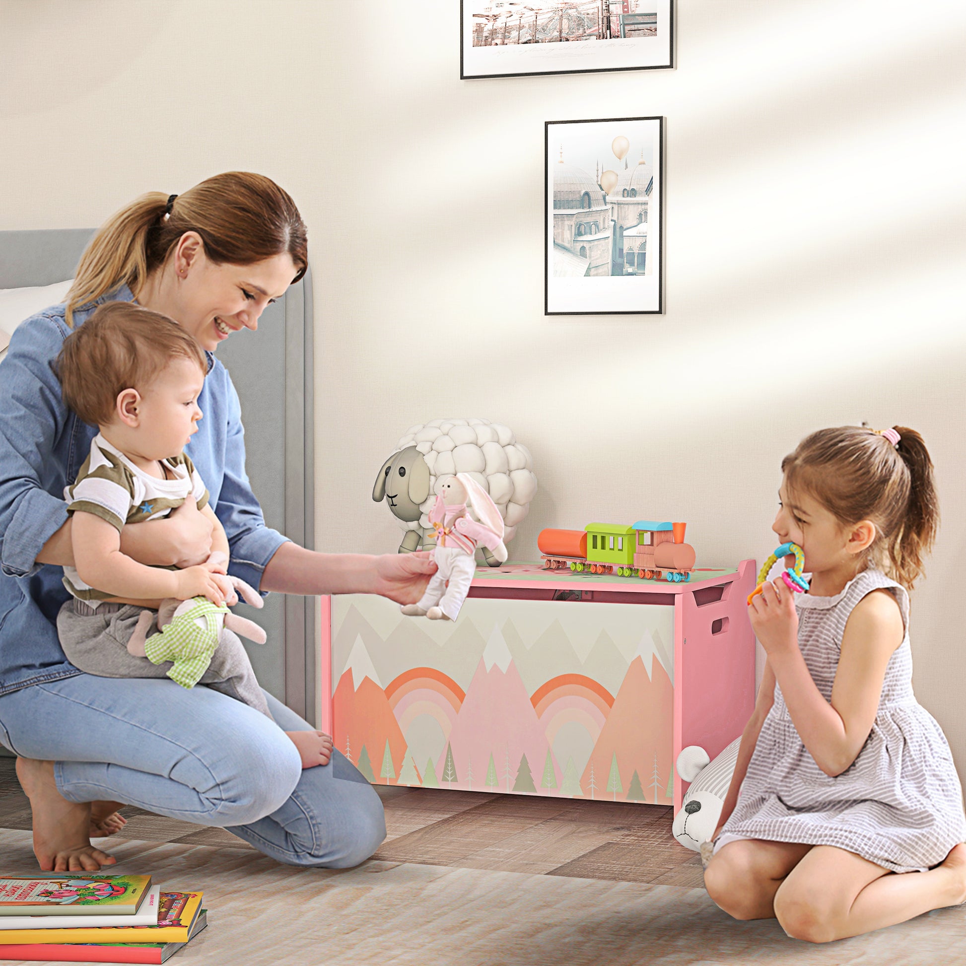 ZONEKIZ Storage Boxes Toy Boxes for Kids 3 to 8 Years Old with 2 Handles and Fox Print Load 20 kg for Books Clothes in Bedroom Living Room Dining Room 60x37x39 cm Pink