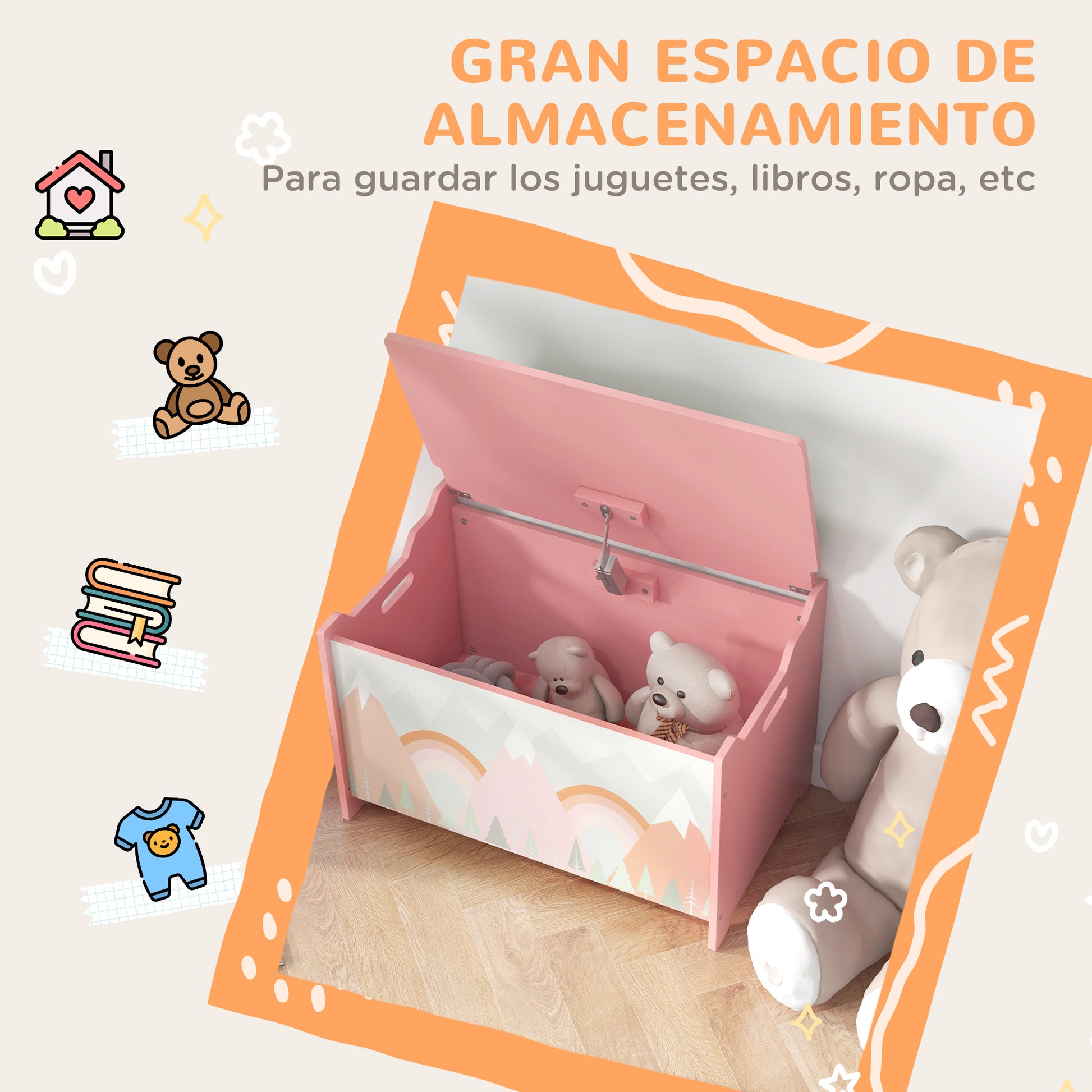 ZONEKIZ Storage Boxes Toy Boxes for Kids 3 to 8 Years Old with 2 Handles and Fox Print Load 20 kg for Books Clothes in Bedroom Living Room Dining Room 60x37x39 cm Pink