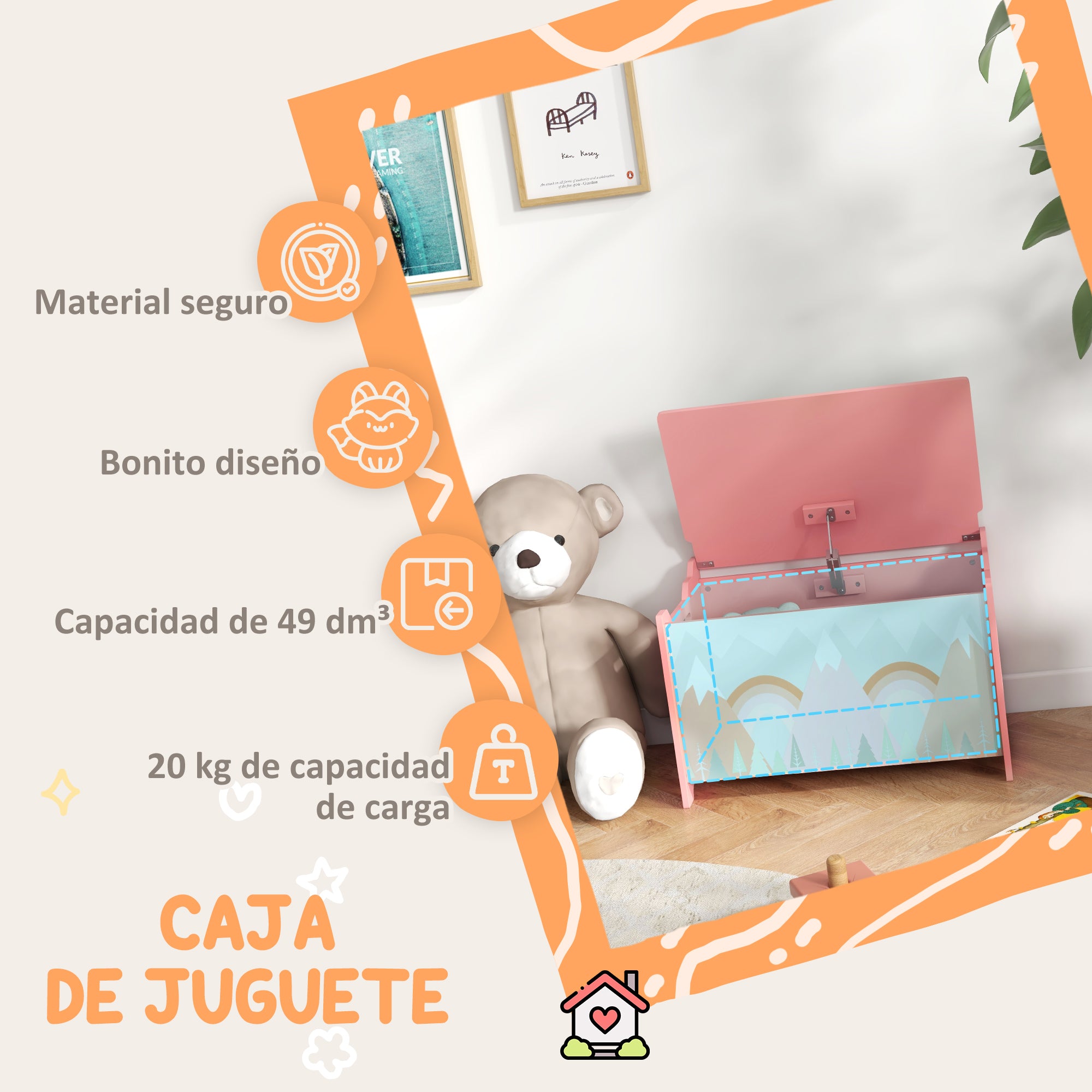ZONEKIZ Storage Boxes Toy Boxes for Kids 3 to 8 Years Old with 2 Handles and Fox Print Load 20 kg for Books Clothes in Bedroom Living Room Dining Room 60x37x39 cm Pink