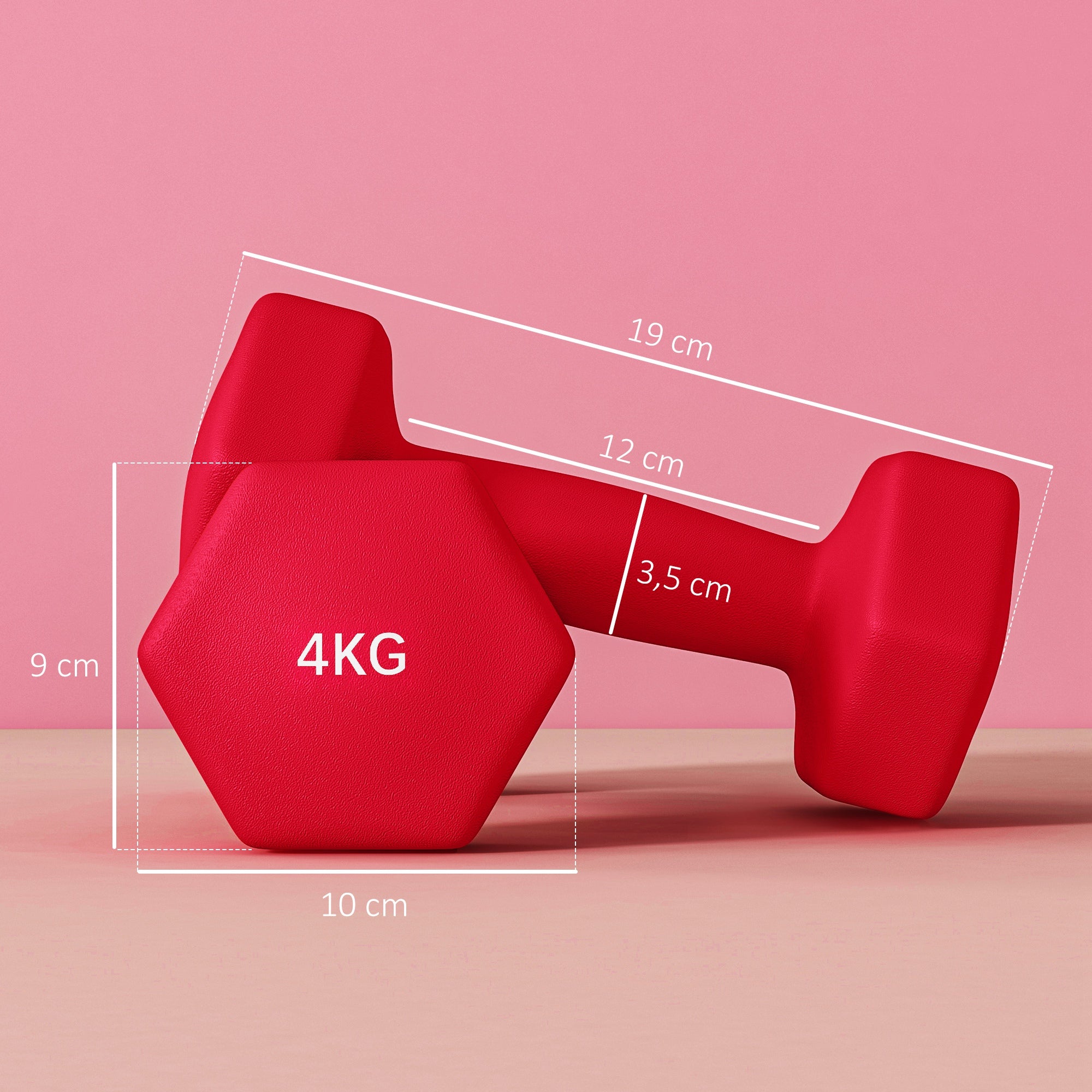SPORTNOW Set of 2 hexagonal dumbbells with non-slip handle for home workout, 2 x 4 kg, red