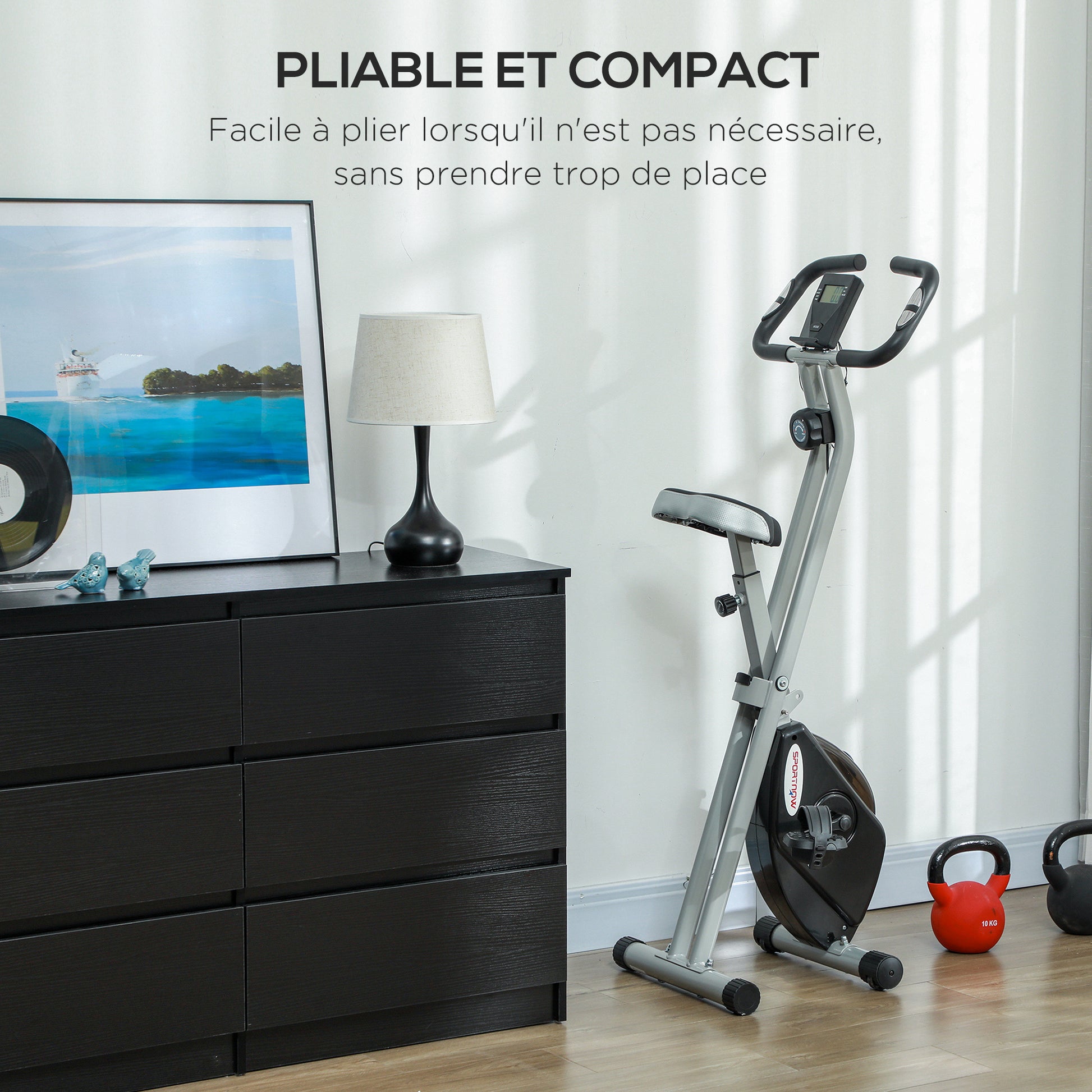 SPORTNOW Foldable Exercise Bike, Quiet Fitness Bike Indoor Bike with 8-Level Magnetic Resistance, Heart Rate Sensor, Adjustable Seat, LCD Display, and Wheels, Gray