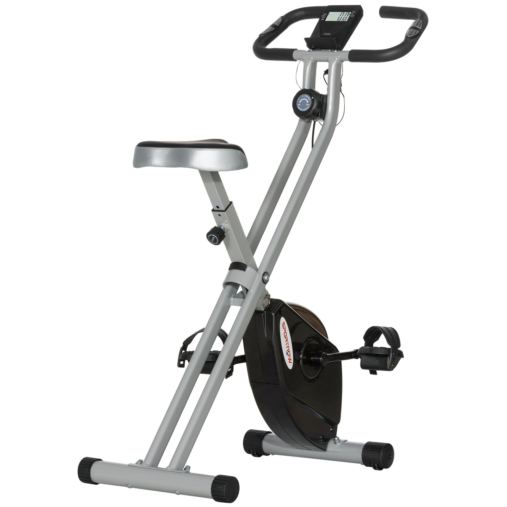 SPORTNOW Foldable Exercise Bike, Quiet Fitness Bike Indoor Bike with 8-Level Magnetic Resistance, Heart Rate Sensor, Adjustable Seat, LCD Display, and Wheels, Gray