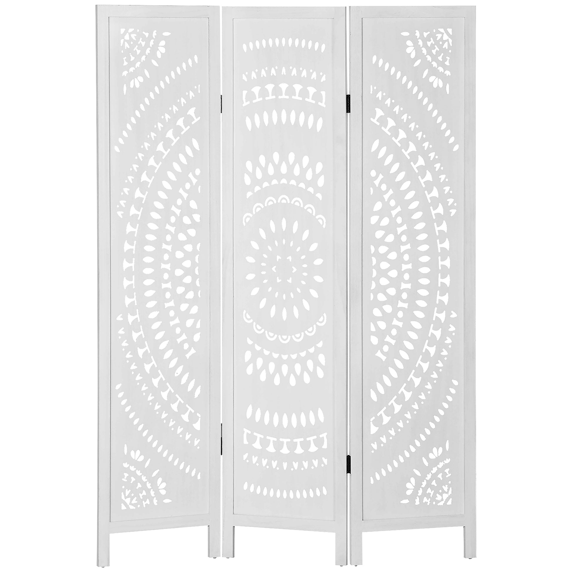 3-Panel Indoor Room Divider, Folding Carved Wooden Separator for Home and Office, 120x170cm, White