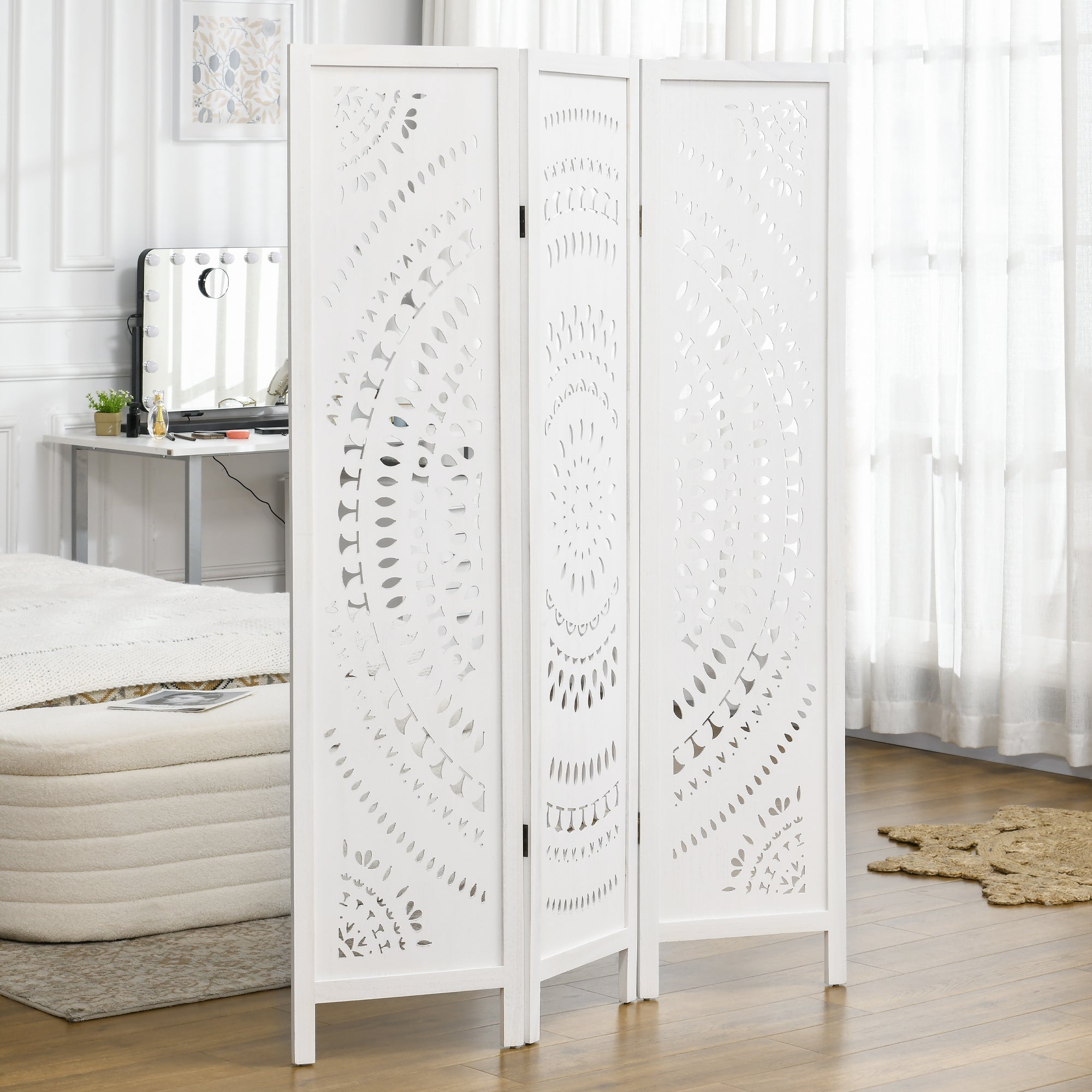 3-Panel Indoor Room Divider, Folding Carved Wooden Separator for Home and Office, 120x170cm, White