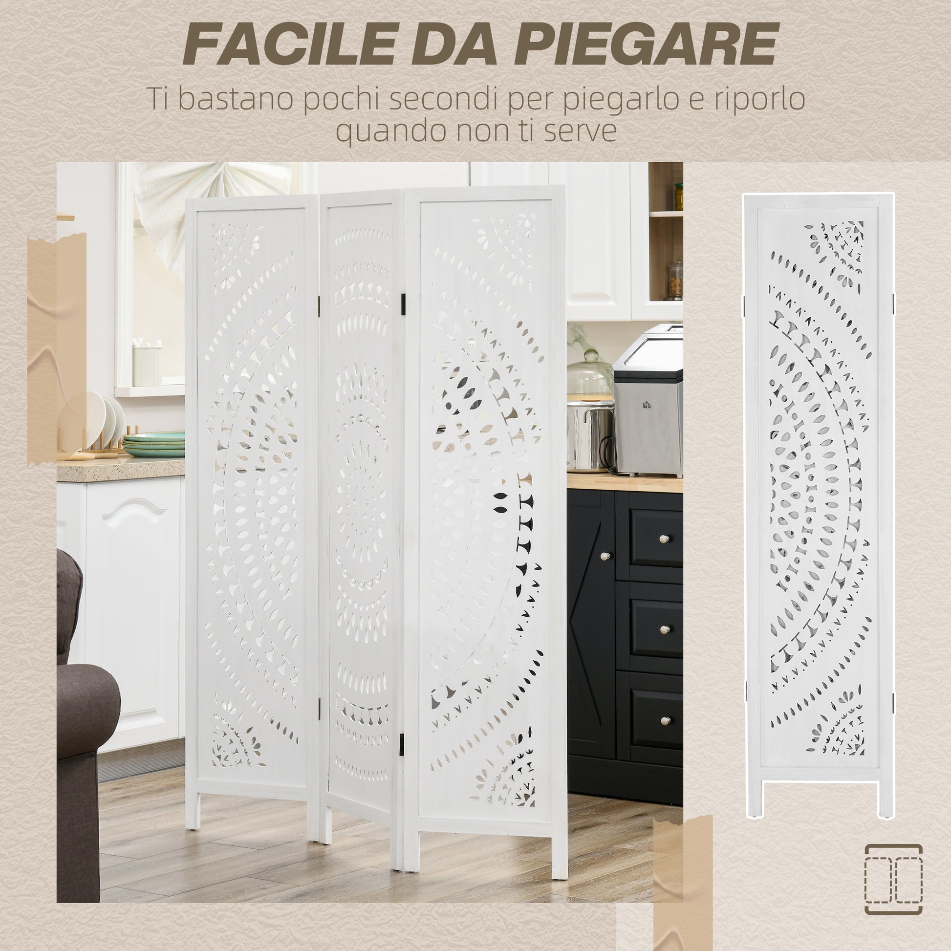 3-Panel Indoor Room Divider, Folding Carved Wooden Separator for Home and Office, 120x170cm, White