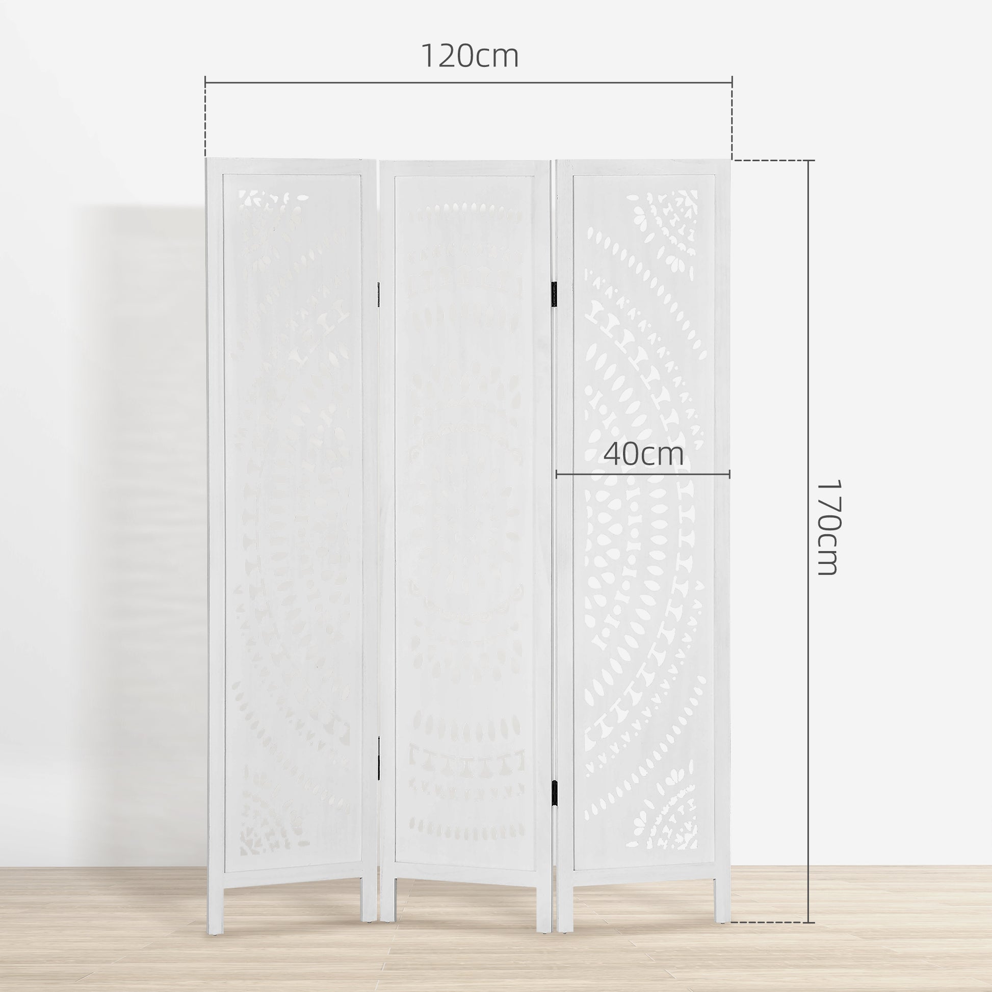 3-Panel Indoor Room Divider, Folding Carved Wooden Separator for Home and Office, 120x170cm, White