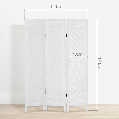 3-Panel Indoor Room Divider, Folding Carved Wooden Separator for Home and Office, 120x170cm, White