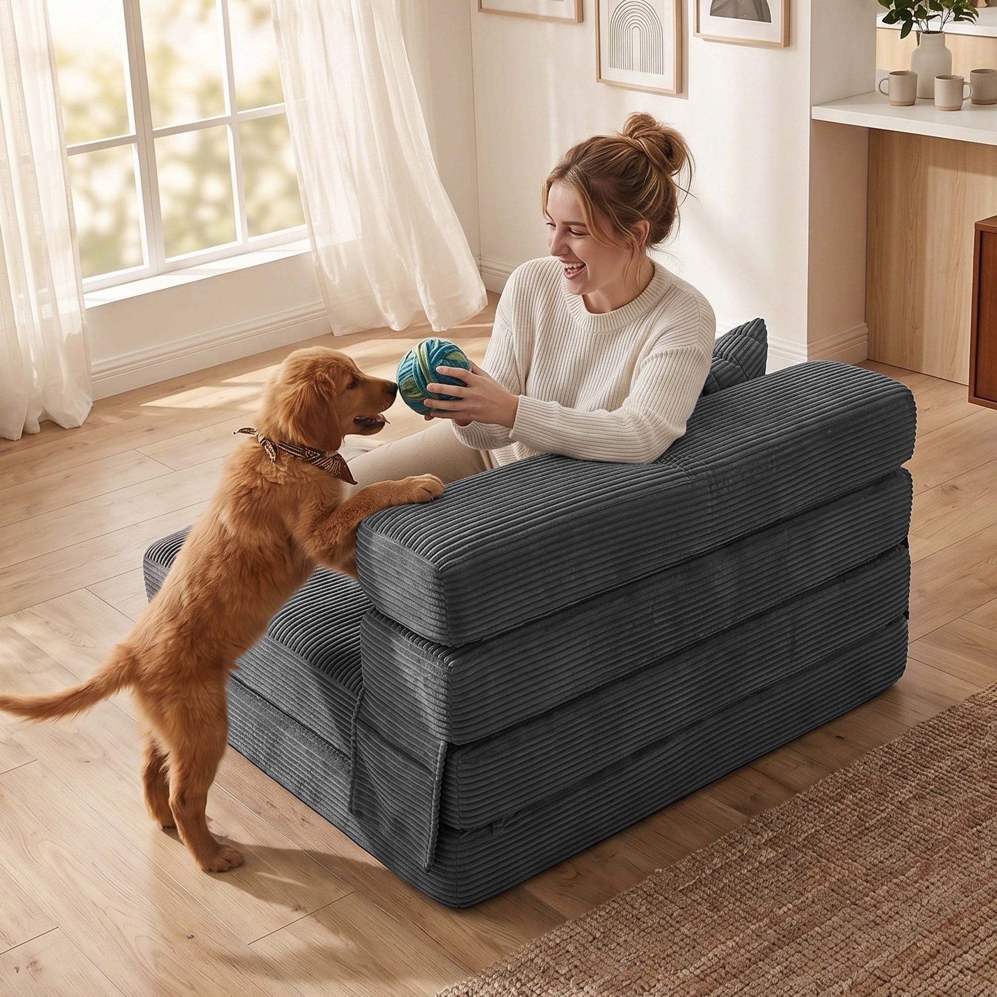 2-in-1 Folding Sleeper Chair — Foldable Sofa Bed with Corduroy Upholstery, Padded Folding Mattress, Guest Floor Chair for Bedroom & Living Room, 39.4 x 29.9 x 24.4 in, Dark Gray