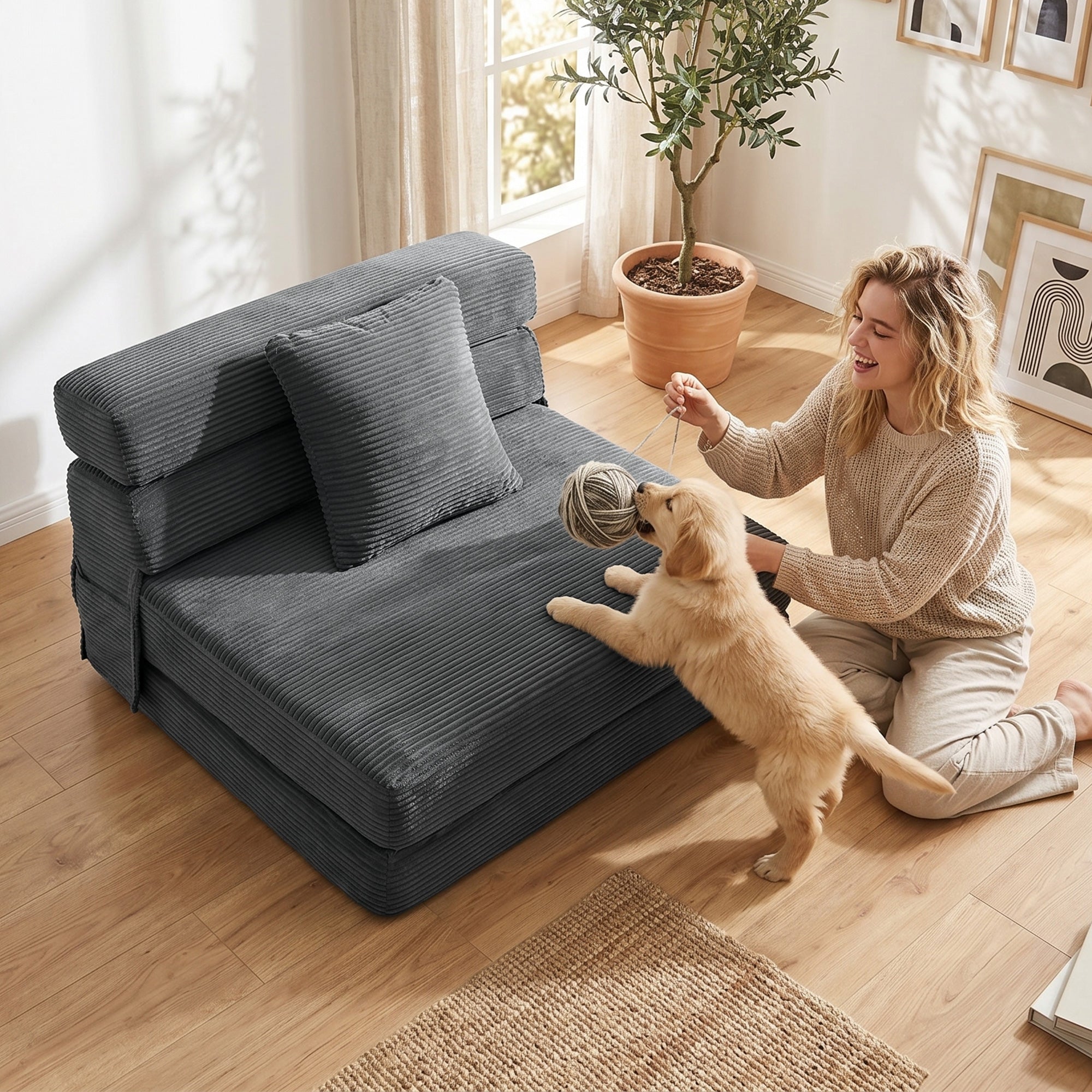 2-in-1 Folding Sleeper Chair — Foldable Sofa Bed with Corduroy Upholstery, Padded Folding Mattress, Guest Floor Chair for Bedroom & Living Room, 39.4 x 29.9 x 24.4 in, Dark Gray