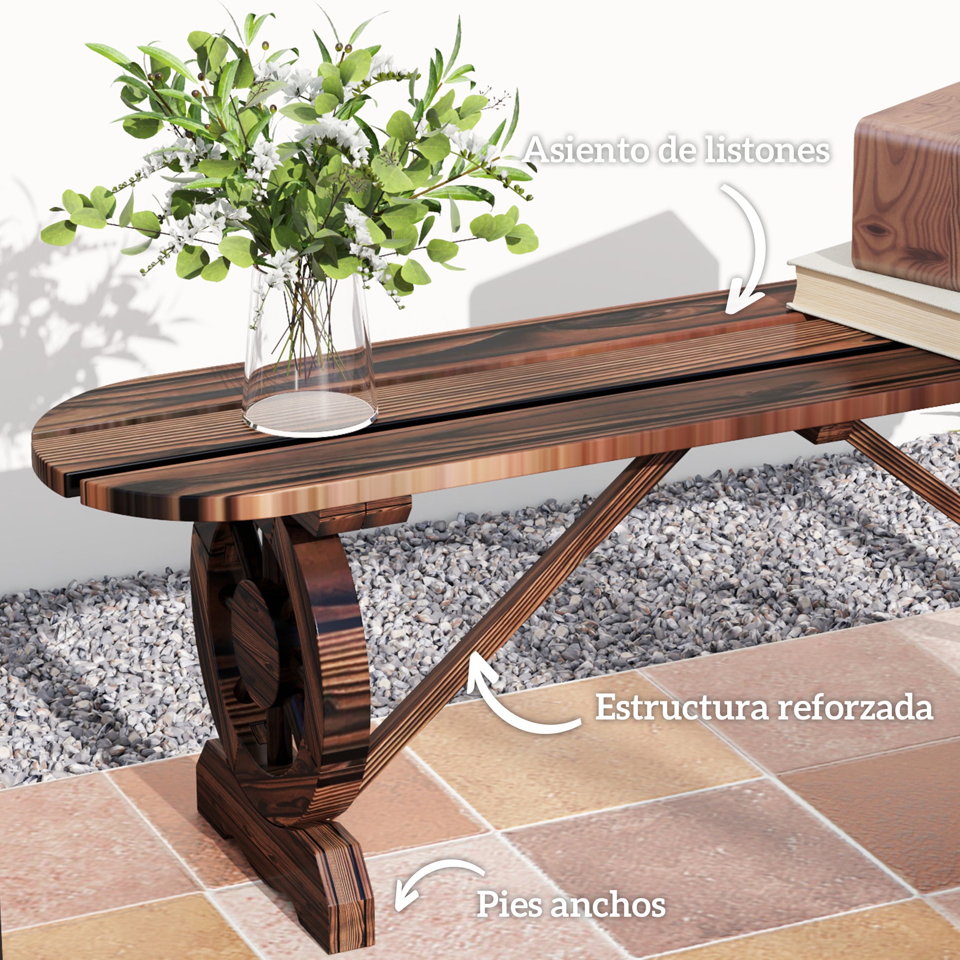 2-Seater Garden Bench Wooden Bench with 2 Decorative Wheels Rustic Style Load 200 kg for Patio Terrace 120x29x39 cm Charred