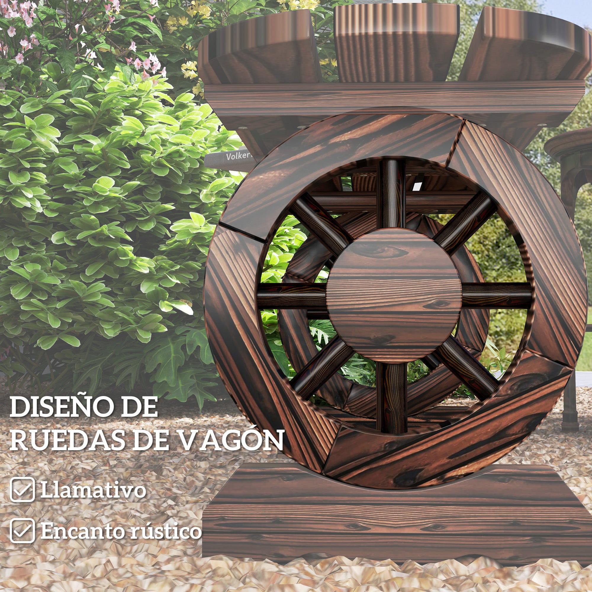 2-Seater Garden Bench Wooden Bench with 2 Decorative Wheels Rustic Style Load 200 kg for Patio Terrace 120x29x39 cm Charred