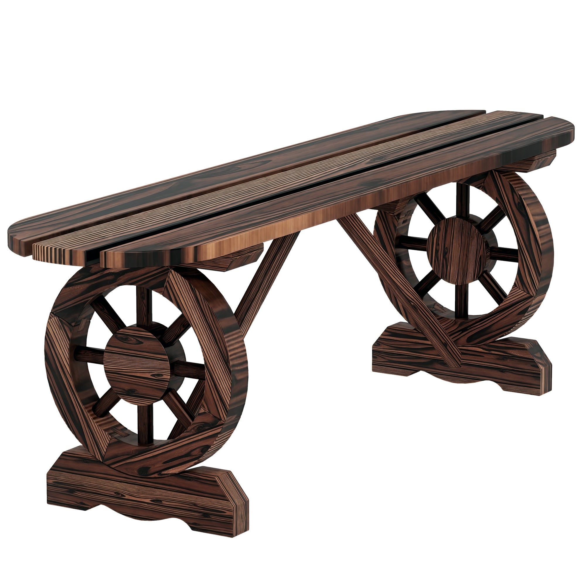 2-Seater Garden Bench Wooden Bench with 2 Decorative Wheels Rustic Style Load 200 kg for Patio Terrace 120x29x39 cm Charred