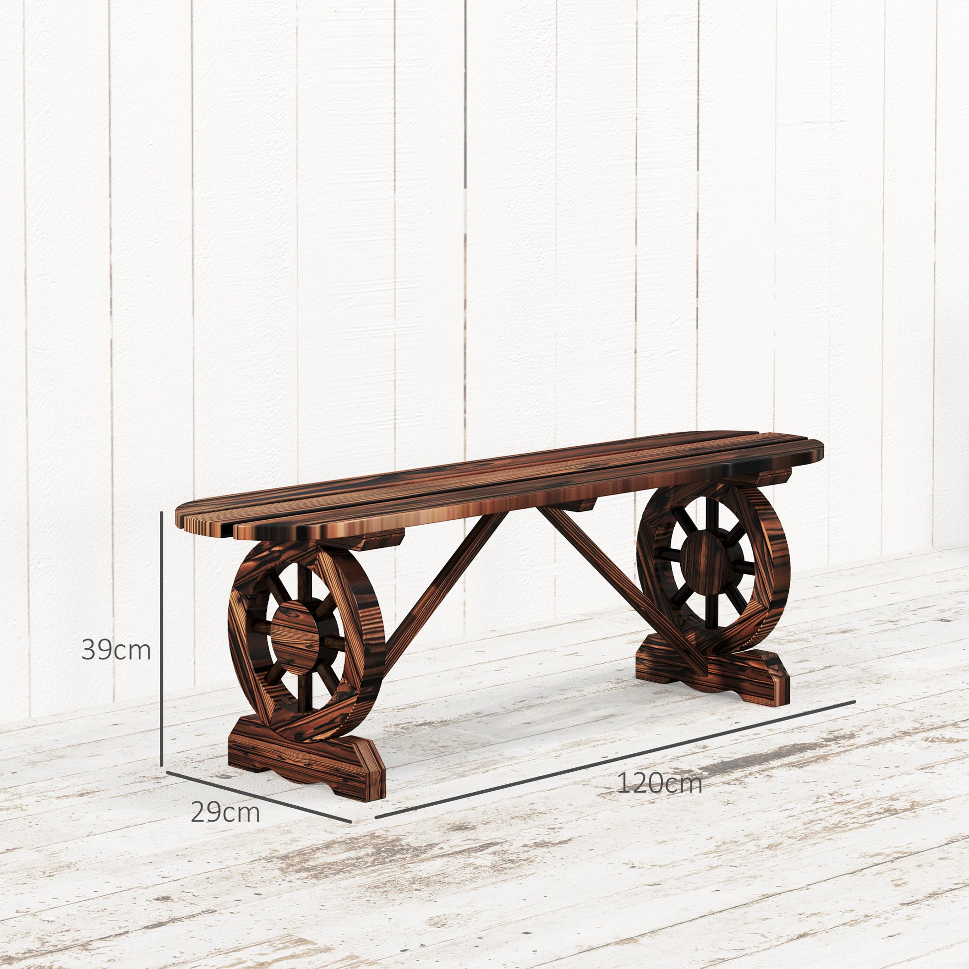 2-Seater Garden Bench Wooden Bench with 2 Decorative Wheels Rustic Style Load 200 kg for Patio Terrace 120x29x39 cm Charred