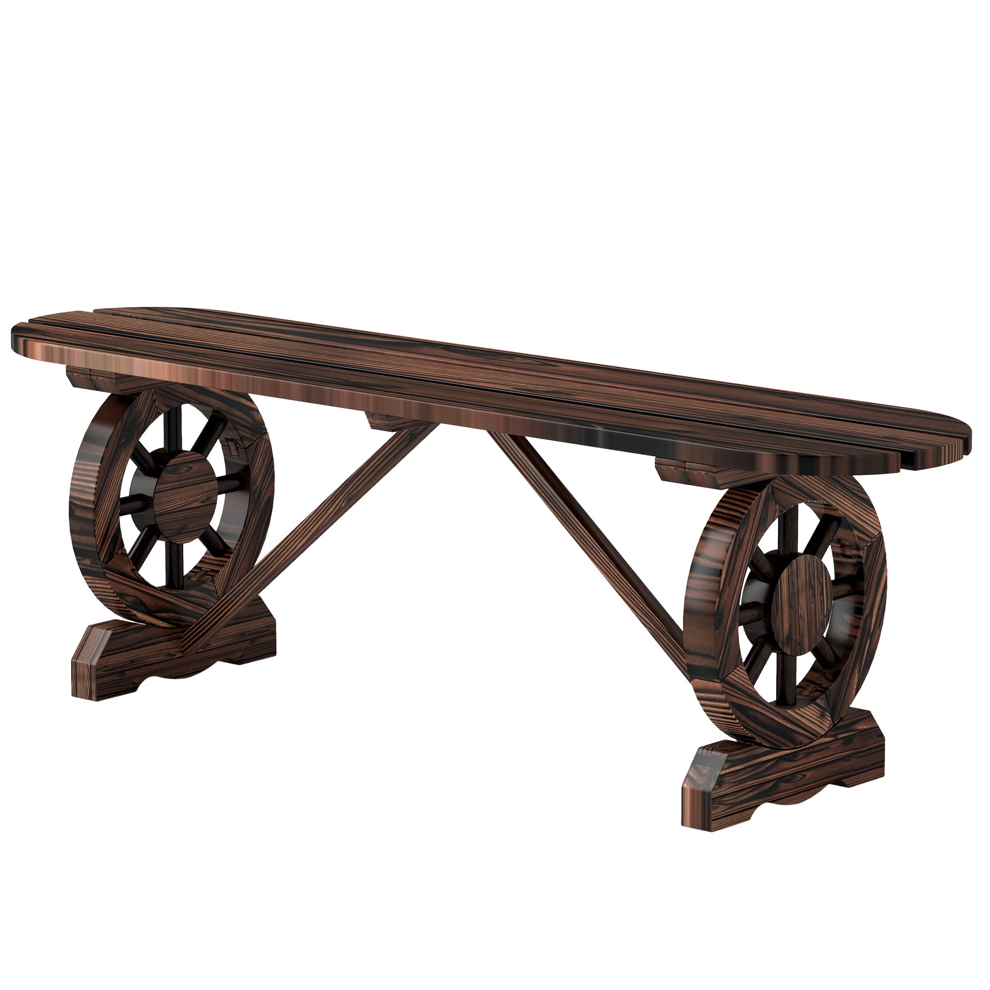 2-Seater Garden Bench Wooden Bench with 2 Decorative Wheels Rustic Style Load 200 kg for Patio Terrace 120x29x39 cm Charred
