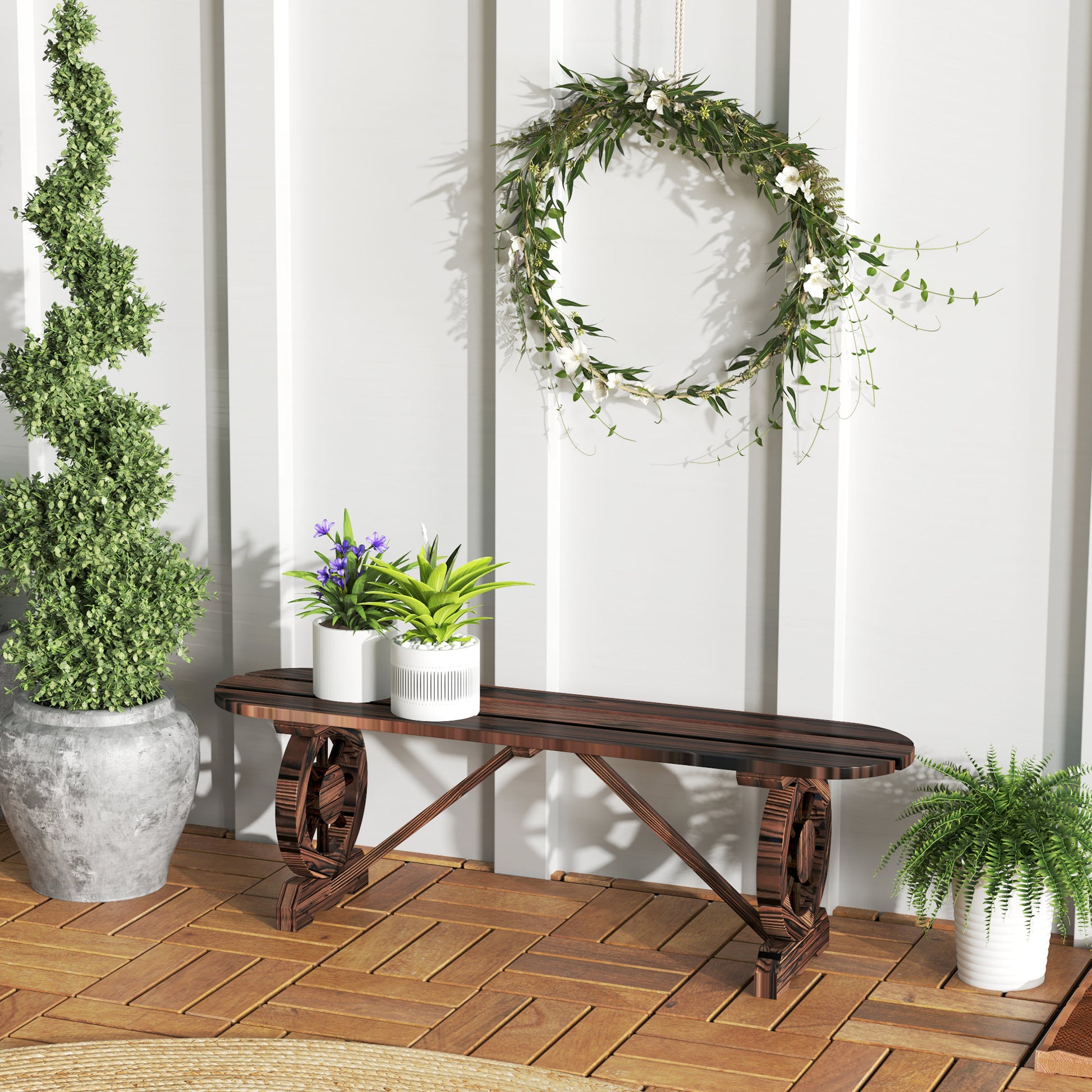 2-Seater Garden Bench Wooden Bench with 2 Decorative Wheels Rustic Style Load 200 kg for Patio Terrace 120x29x39 cm Charred