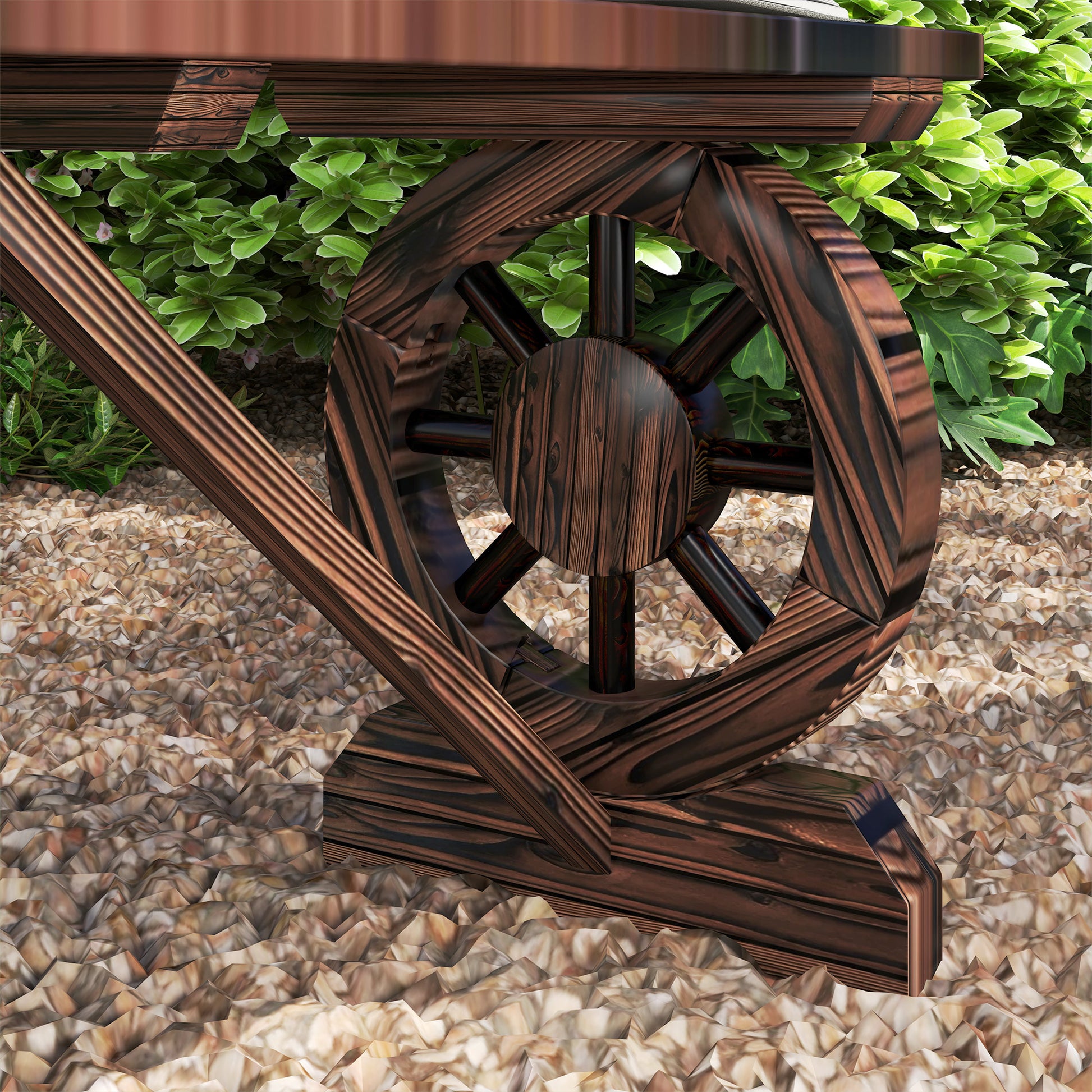 2-Seater Garden Bench Wooden Bench with 2 Decorative Wheels Rustic Style Load 200 kg for Patio Terrace 120x29x39 cm Charred