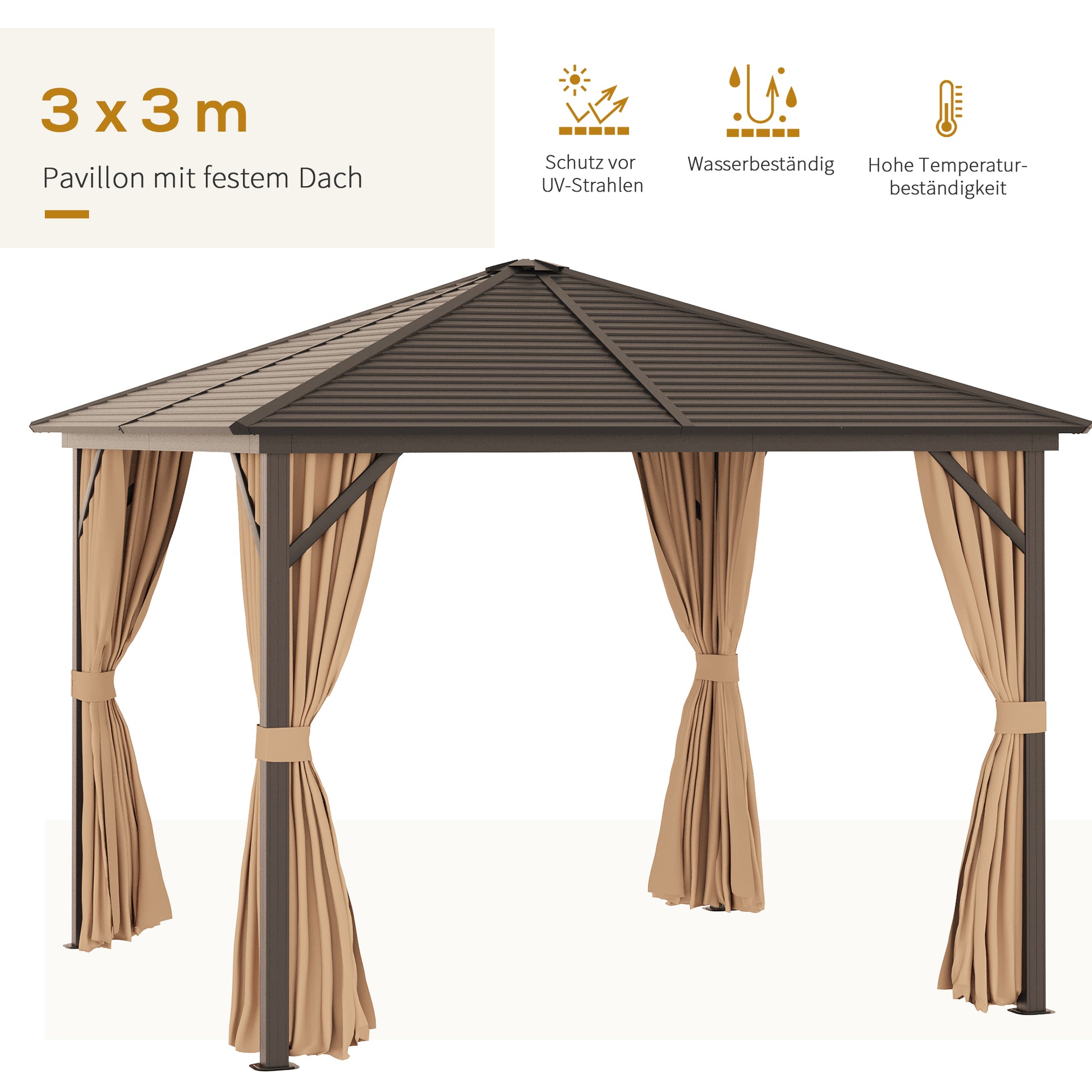 Garden Pavilion Party Tent Hardtop Pavilion Terrace Pavilion 4 x Double Side Walls Lantern Hook Alu + Polyester Bronze + Light Brown approx. 3 x 3 x 2.5 m