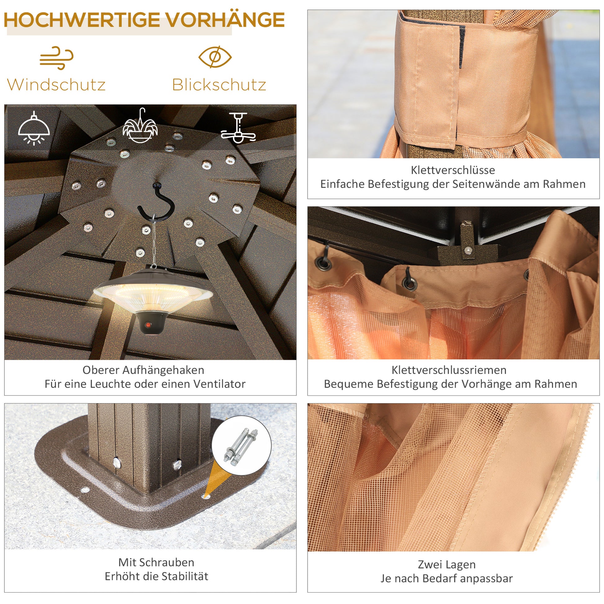 Garden Pavilion Party Tent Hardtop Pavilion Terrace Pavilion 4 x Double Side Walls Lantern Hook Alu + Polyester Bronze + Light Brown approx. 3 x 3 x 2.5 m