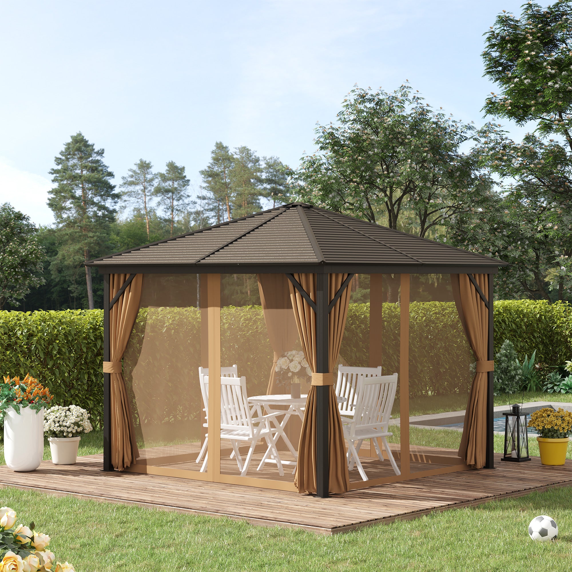 Garden Pavilion Party Tent Hardtop Pavilion Terrace Pavilion 4 x Double Side Walls Lantern Hook Alu + Polyester Bronze + Light Brown approx. 3 x 3 x 2.5 m