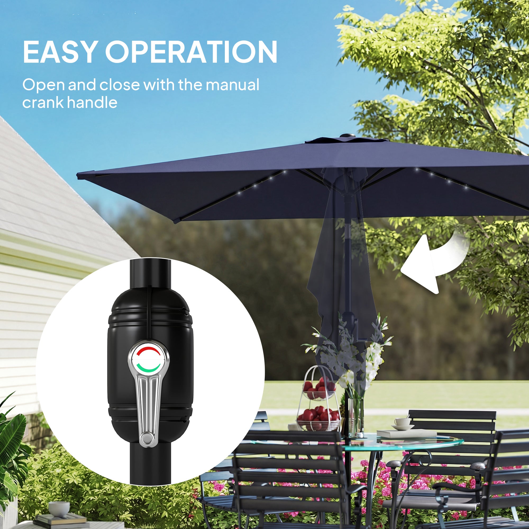 9.5' x 8.2' Outdoor Patio Umbrella – 24 Solar LED Lights, Crank & Tilt Canopy, Metal Pole, Dark Blue