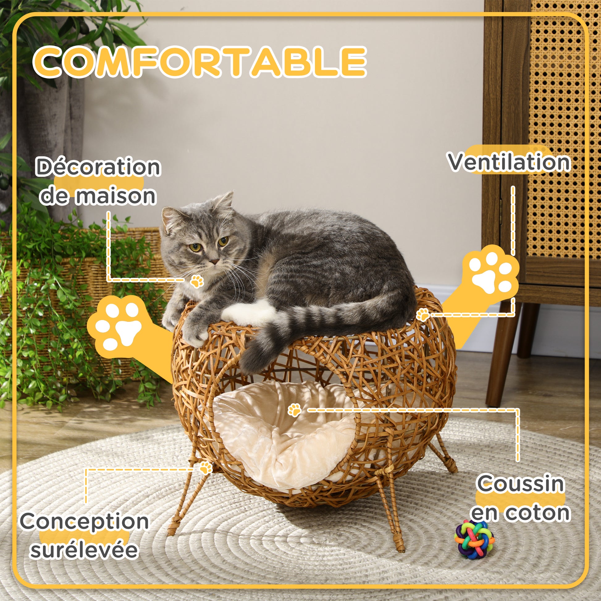Rattan Cat House Basket with Thick Cushion Ø 40 x 32 cm Light Brown