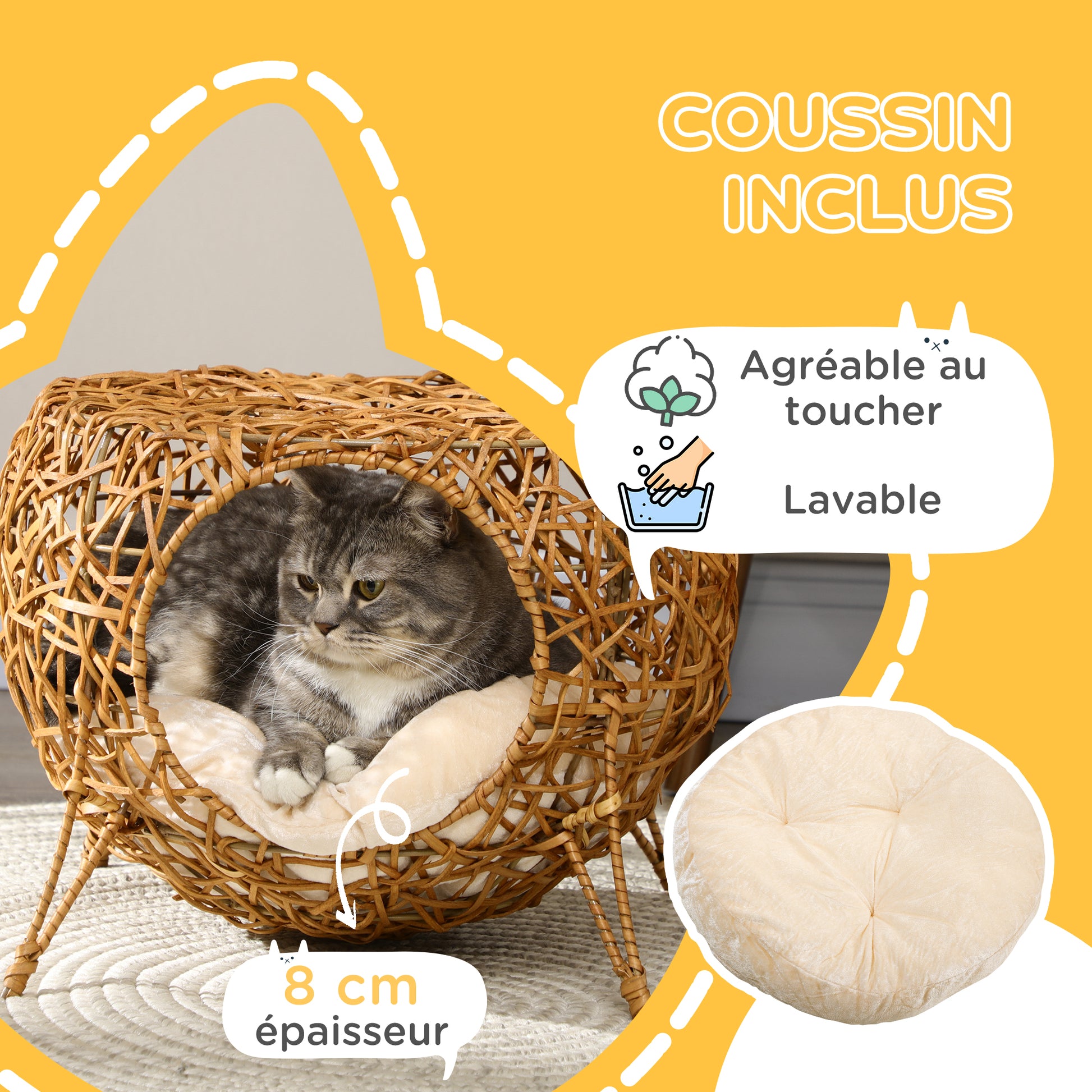 Rattan Cat House Basket with Thick Cushion Ø 40 x 32 cm Light Brown