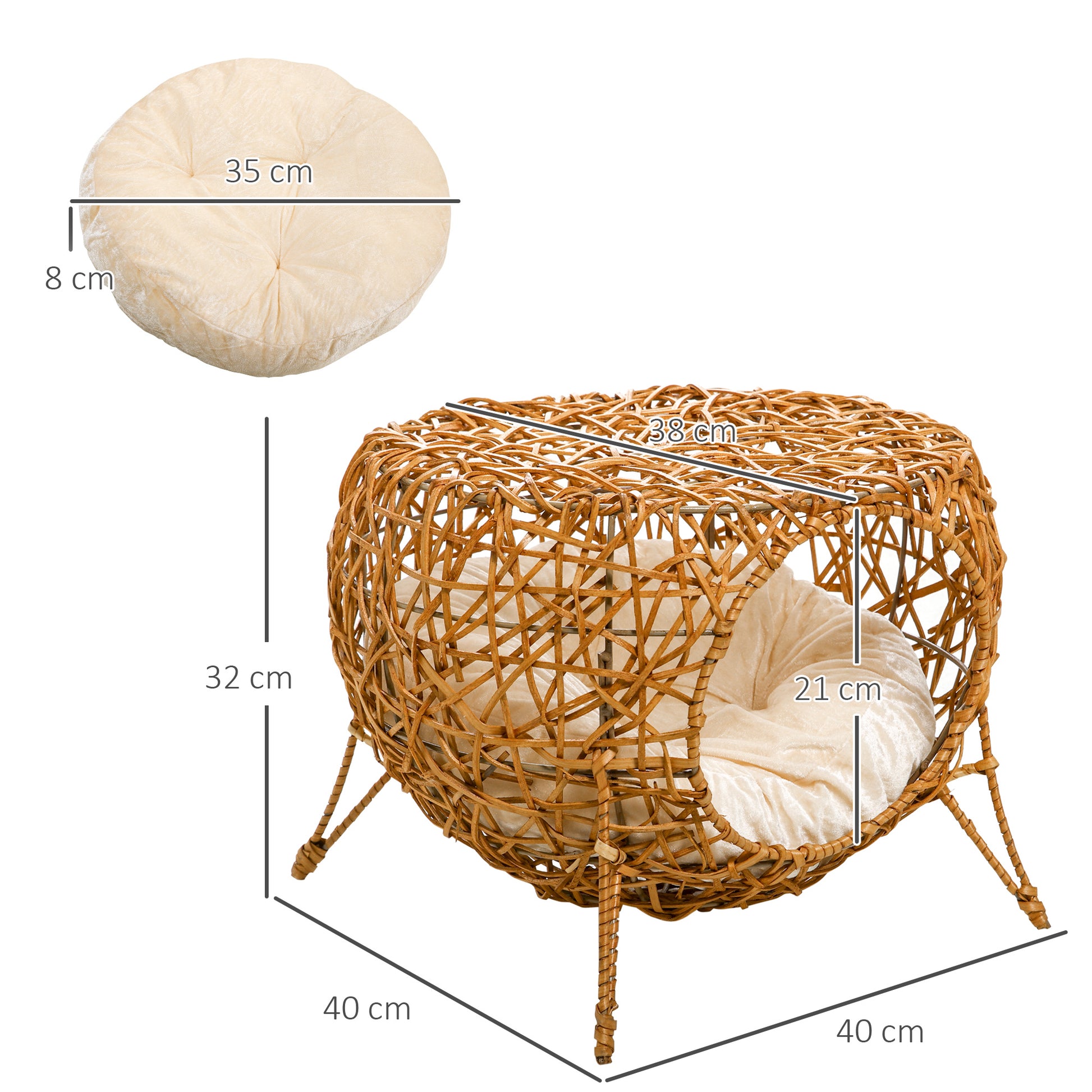 Rattan Cat House Basket with Thick Cushion Ø 40 x 32 cm Light Brown