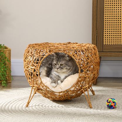 Rattan Cat House Basket with Thick Cushion Ø 40 x 32 cm Light Brown