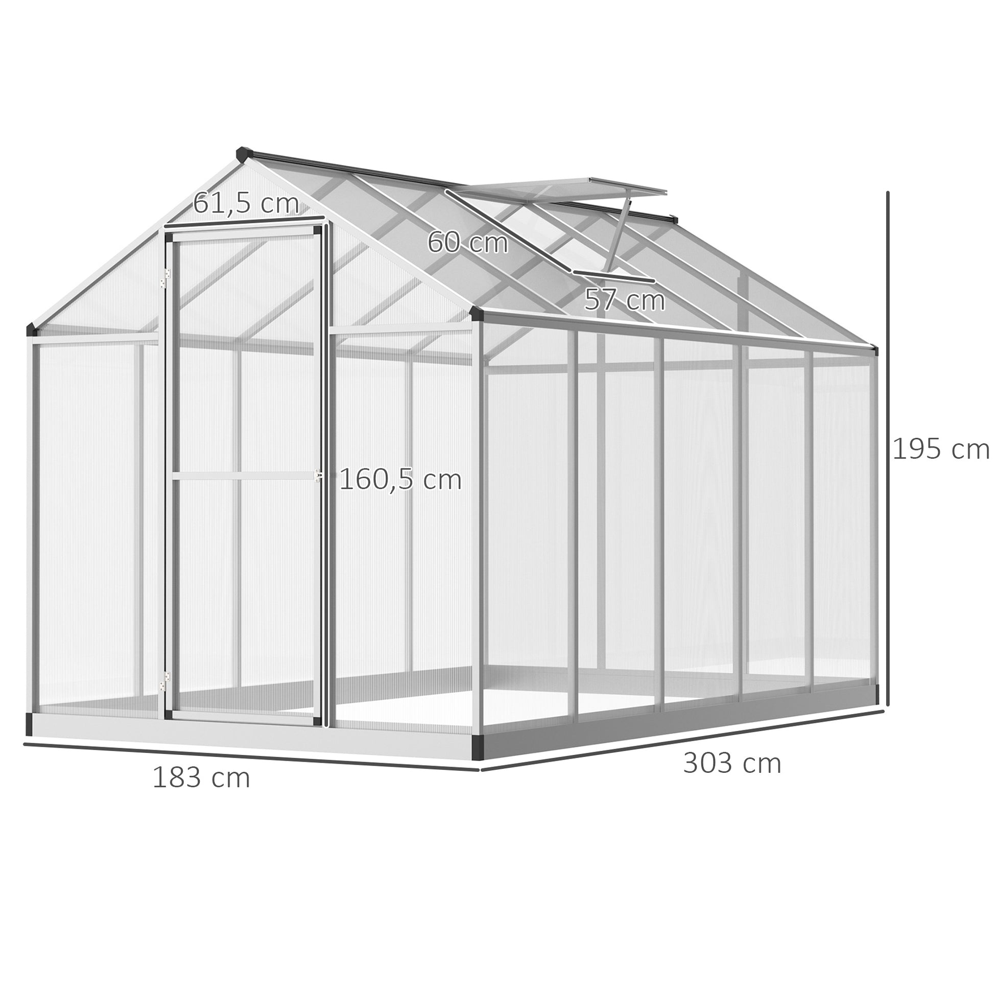 Garden Greenhouse 3 x 2 m Aluminum Polycarbonate 5.5m² Foundation Ventilation Window Latch Door
