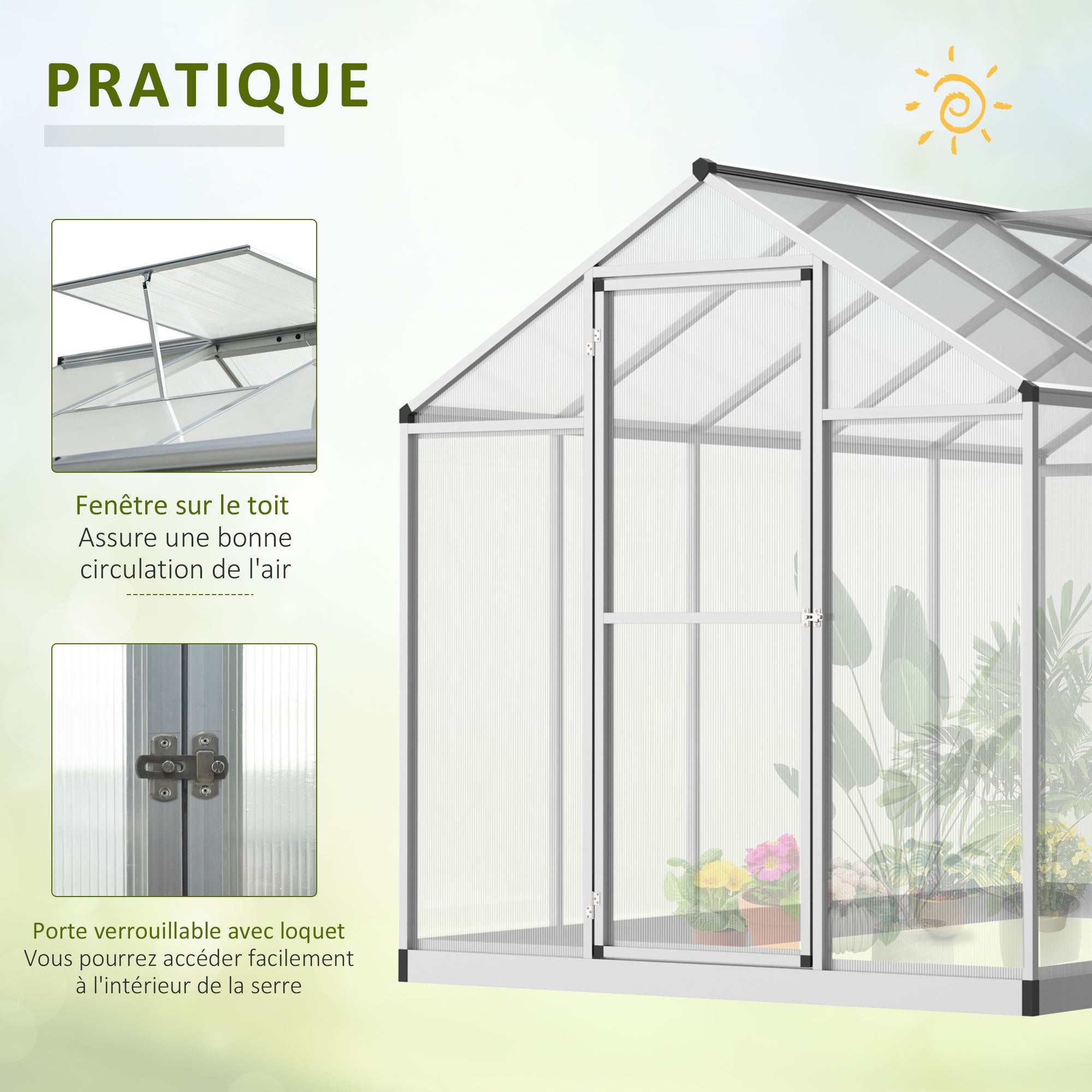 Garden Greenhouse 3 x 2 m Aluminum Polycarbonate 5.5m² Foundation Ventilation Window Latch Door