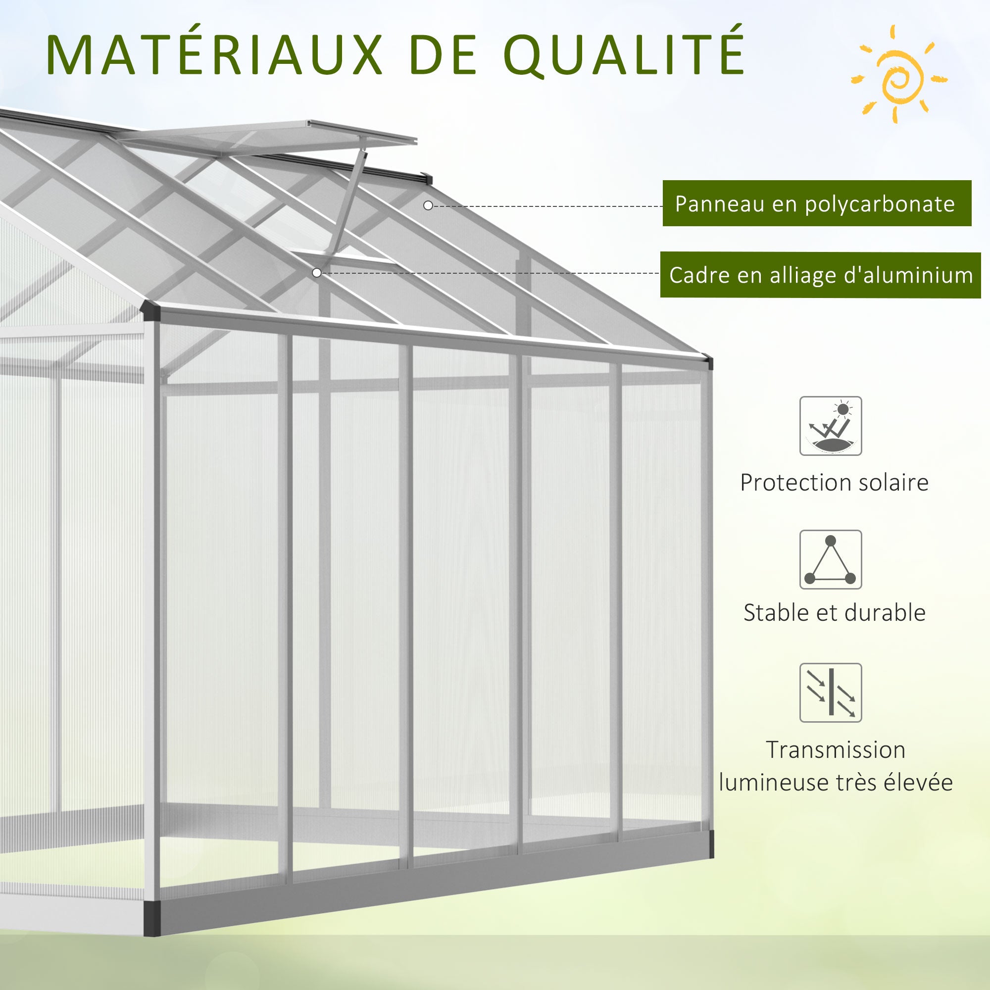 Garden Greenhouse 3 x 2 m Aluminum Polycarbonate 5.5m² Foundation Ventilation Window Latch Door