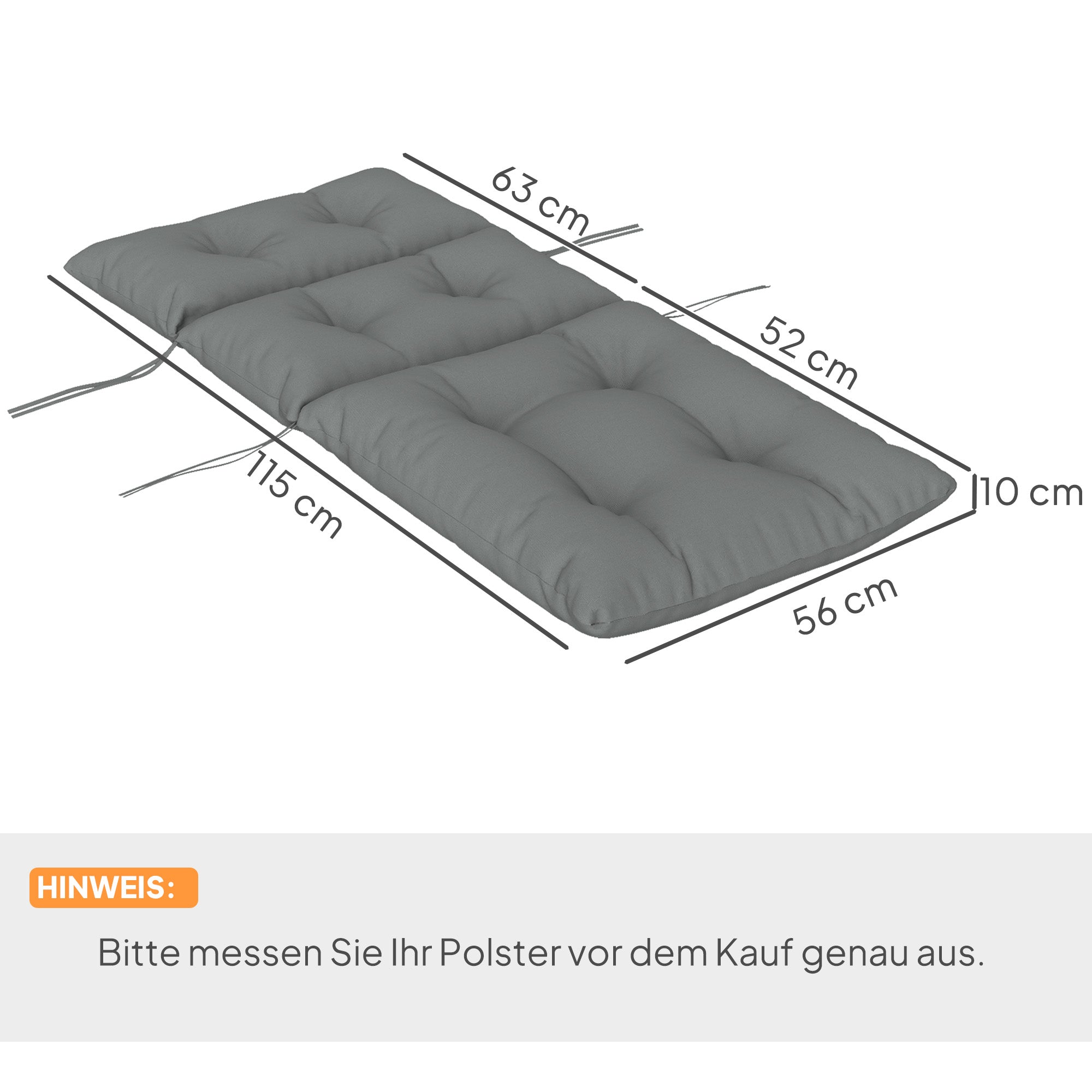Seat Cushion, 115x56 cm Chair Cushion with Tie Straps, Backrest, 10cm Thick Padding, Water-Resistant Seat Pad for Home, Garden, Office, Chairs, Light Grey