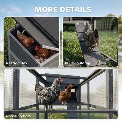 Wooden Chicken Coop with Run for 3–4 Hens, 104 x 32 x 35 in (264 x 82 x 89 cm) — Asphalt Roof, Oxford Cover, Nest Box, Perches, Pull-Out Tray — Gray