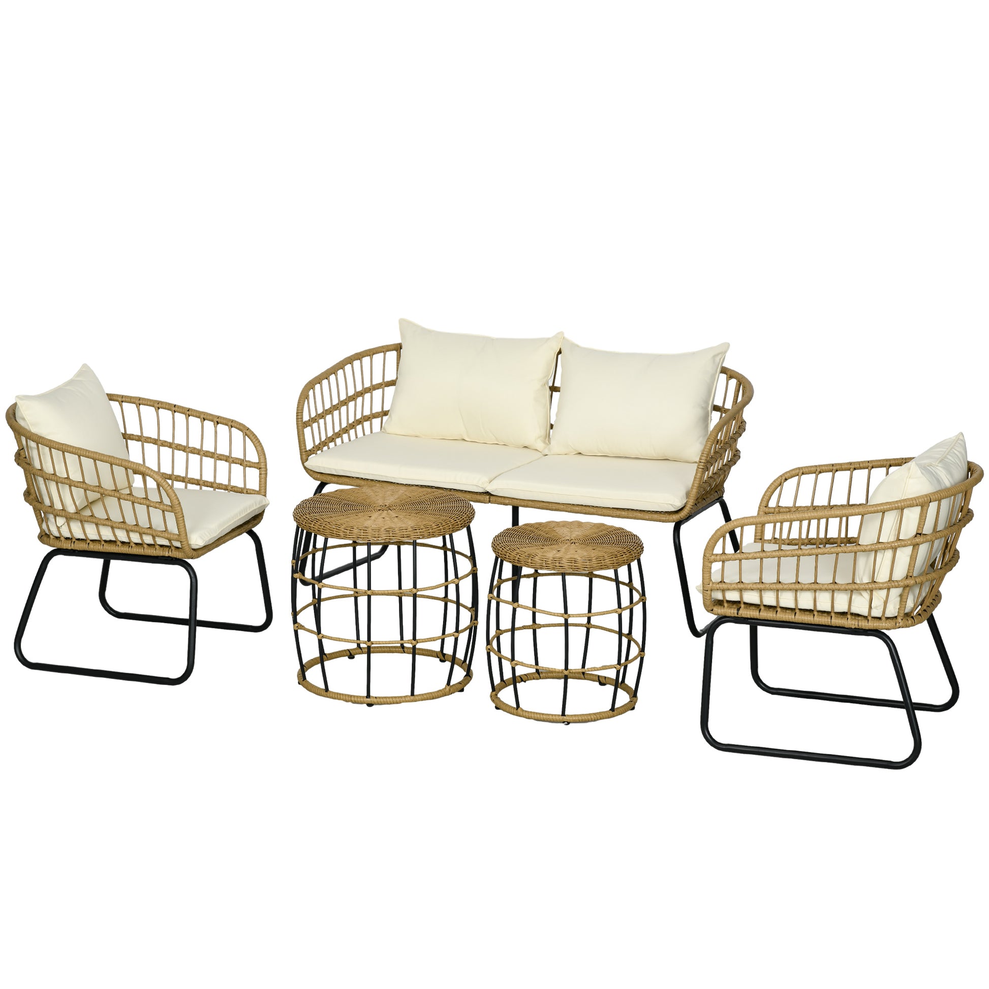 5 pcs Rattan Garden Furniture Set, Seating Group with Cushions, Garden Set with 2 Coffee Tables, 2 Armchairs, 1 Loveseat Sofa, Seating Set for Garden, Terrace, Steel, Beige